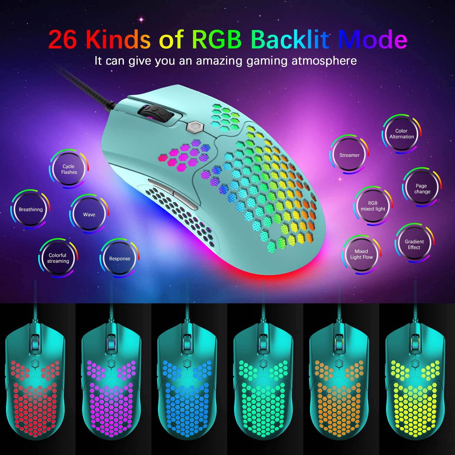 Wired Lightweight Gaming Mouse,26 RGB Backlit Mice with 7 Buttons Programmable Driver,PAW3325 12000DPI Mice,Ultralight Honeycomb Shell Ultraweave Cable Mouse for PC Gamers and Xbox and PS4 Users