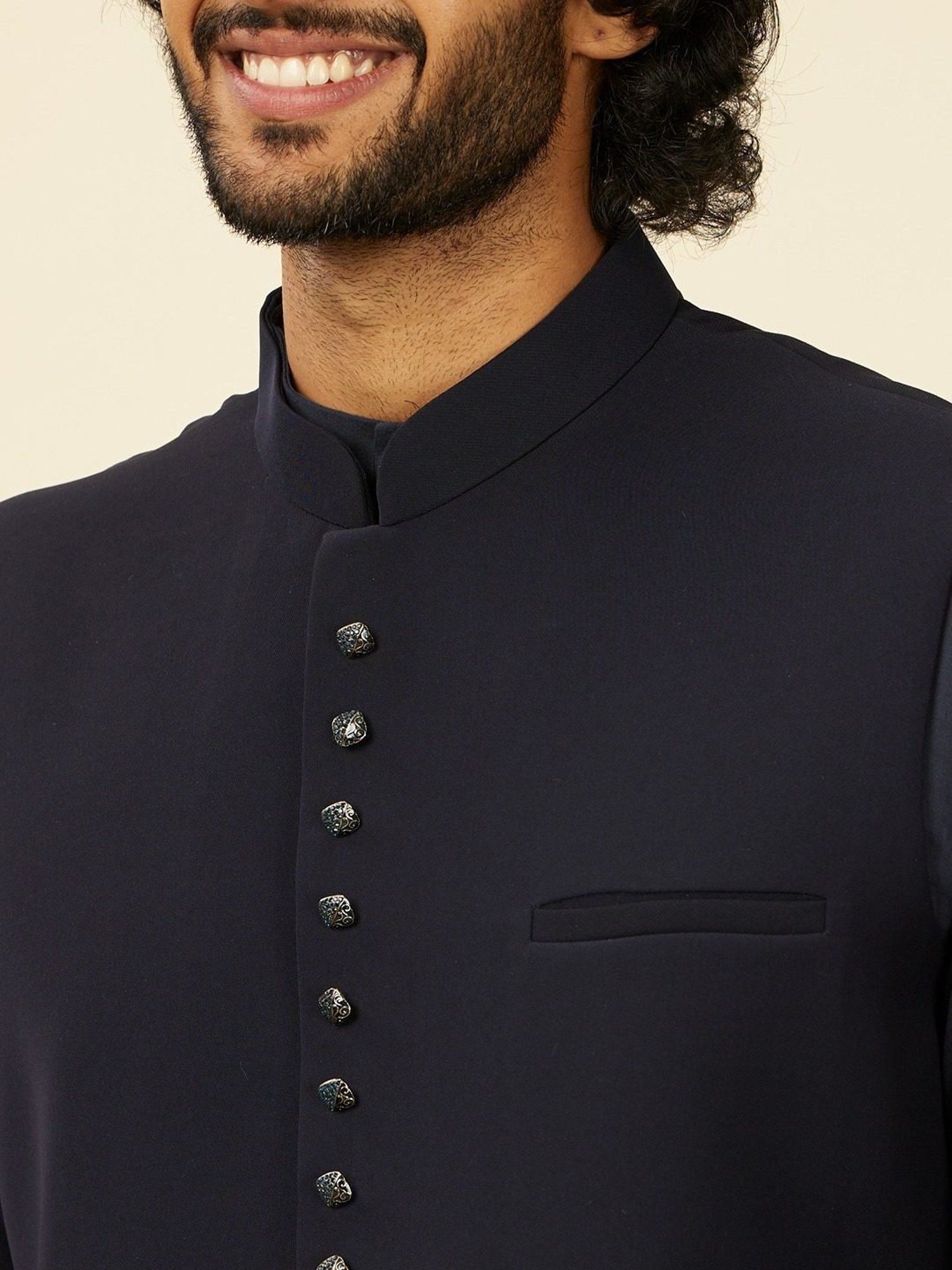 Manyavar Dark Blue Regular Fit Nehru Jacket