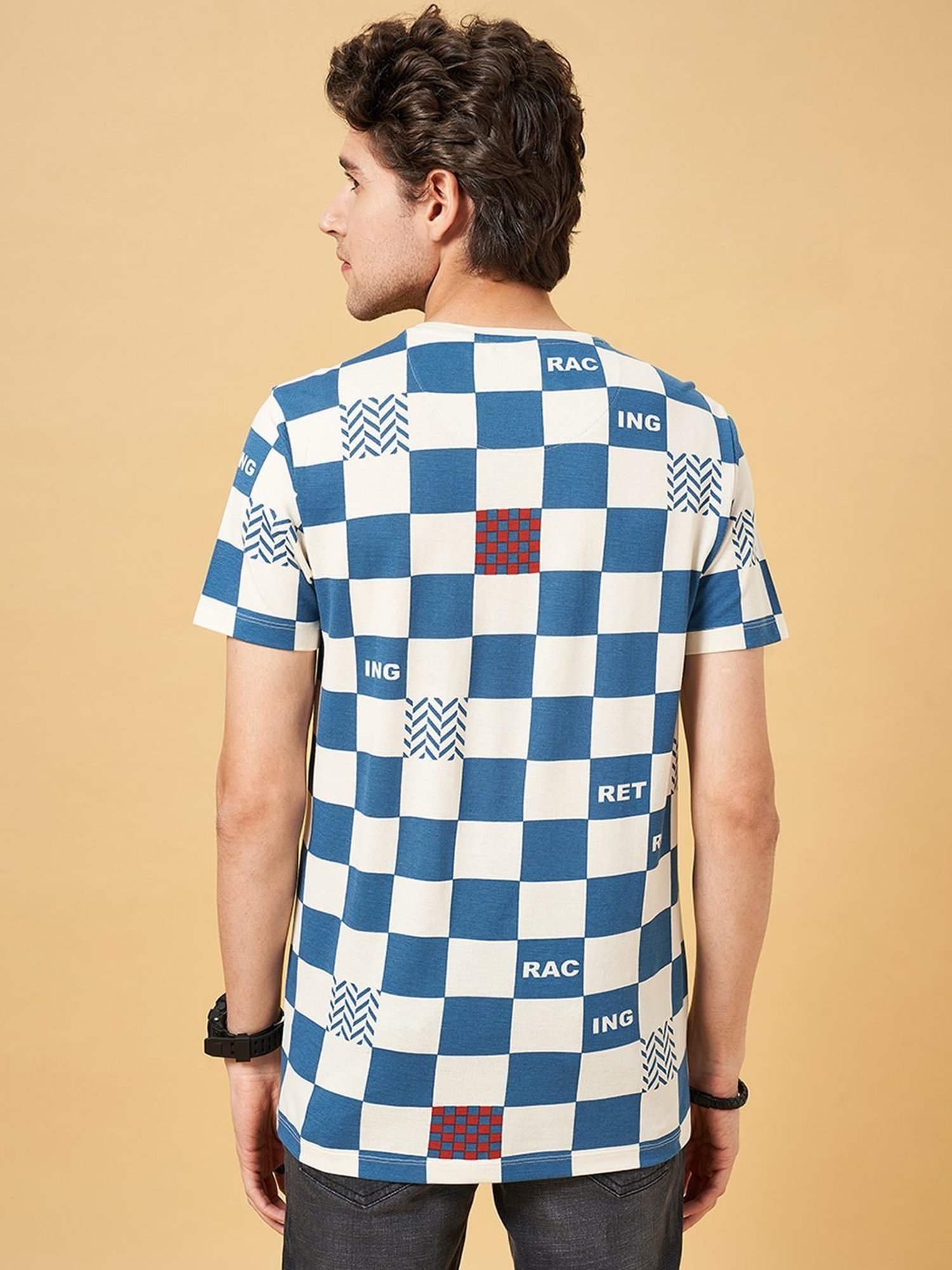 SF Jeans by Pantaloons Bluestone Cotton Slim Fit Checks T-Shirt