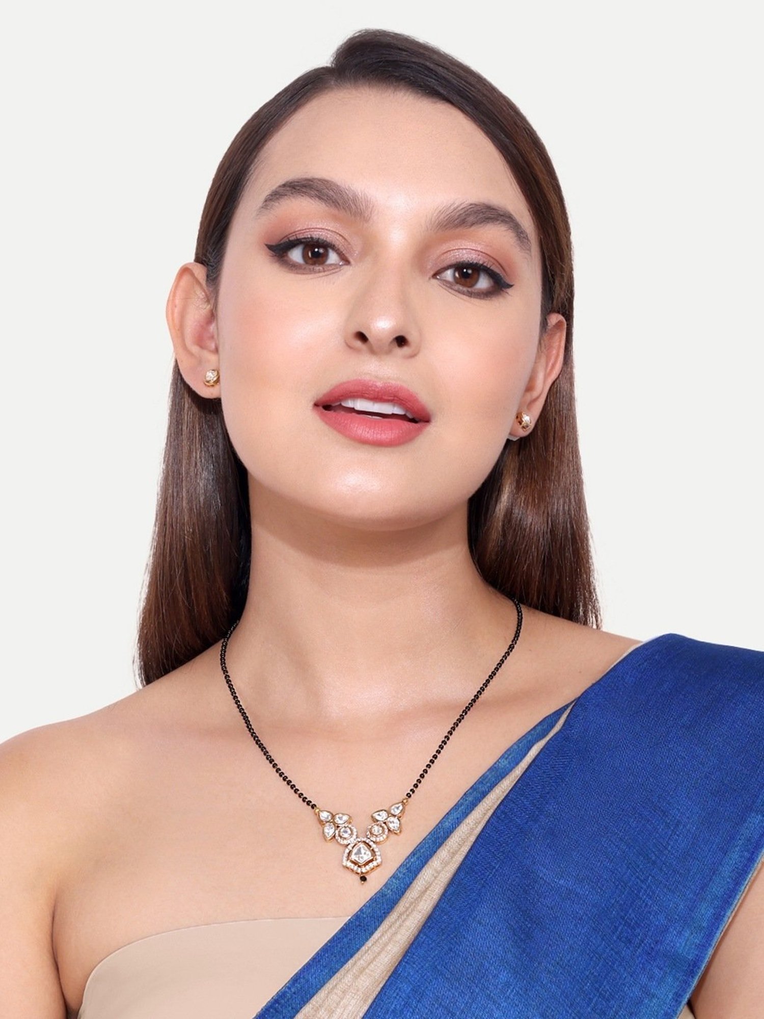 Abdesigns Gold-Plated American Diamond & Black Beaded Mangalsutra
