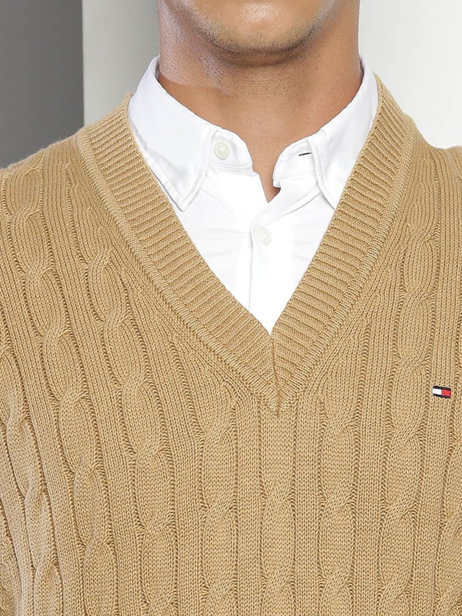 Tommy Hilfiger Khaki Cotton Relaxed Fit Self Pattern Sweater