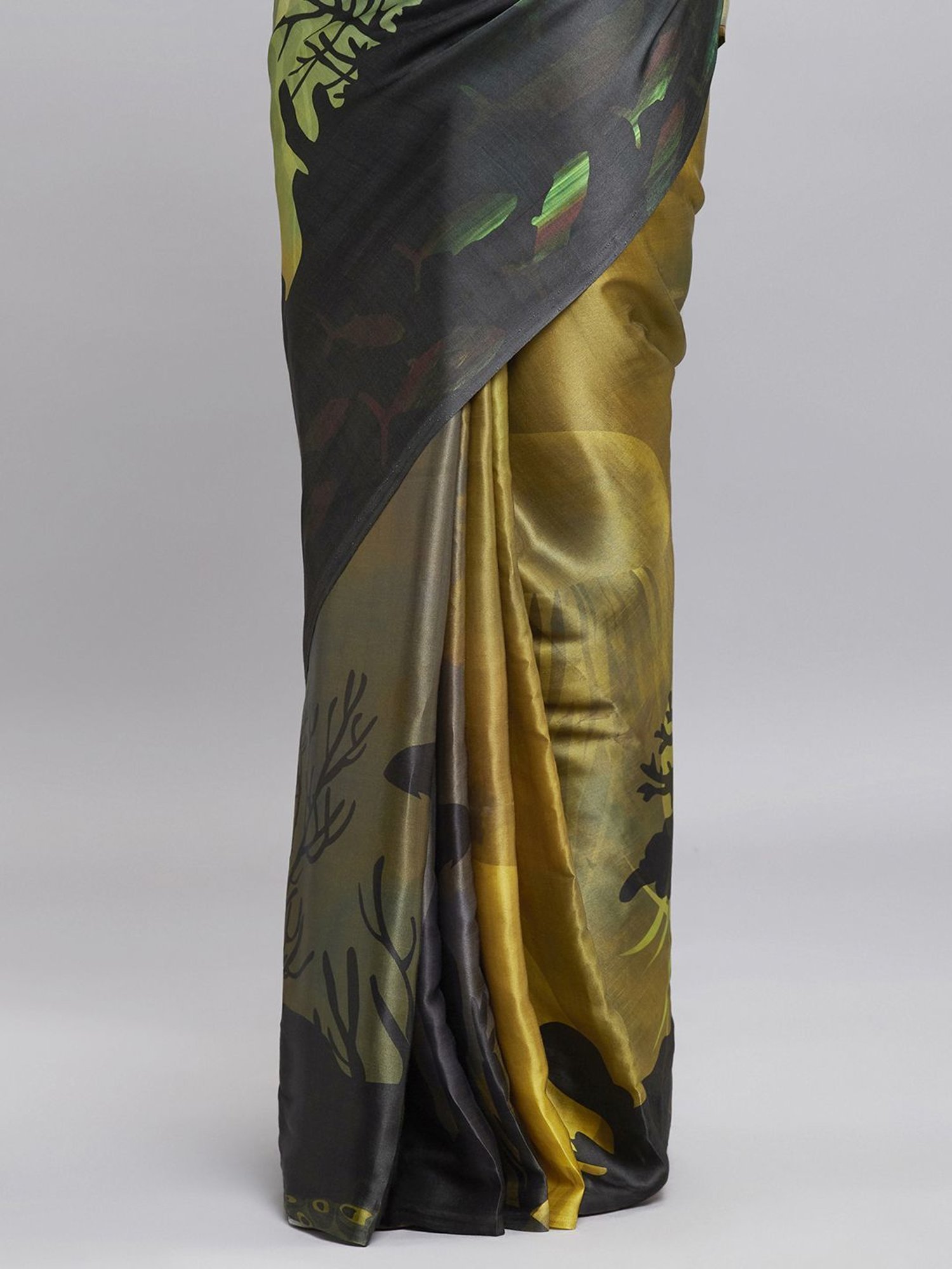 Navyasa Mustard Liva Satin Abstract Printed Saree With Coordinated Unstitched Blouse Piece