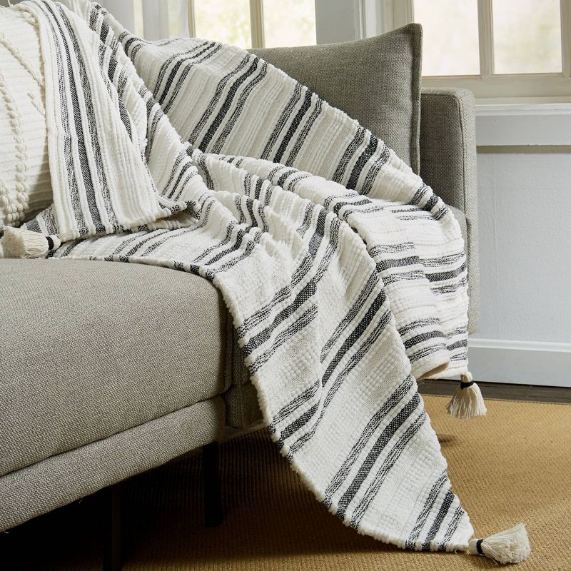 50"x60" Woven Striped Throw Blanket with Corner Tassels Black - Patina Vie