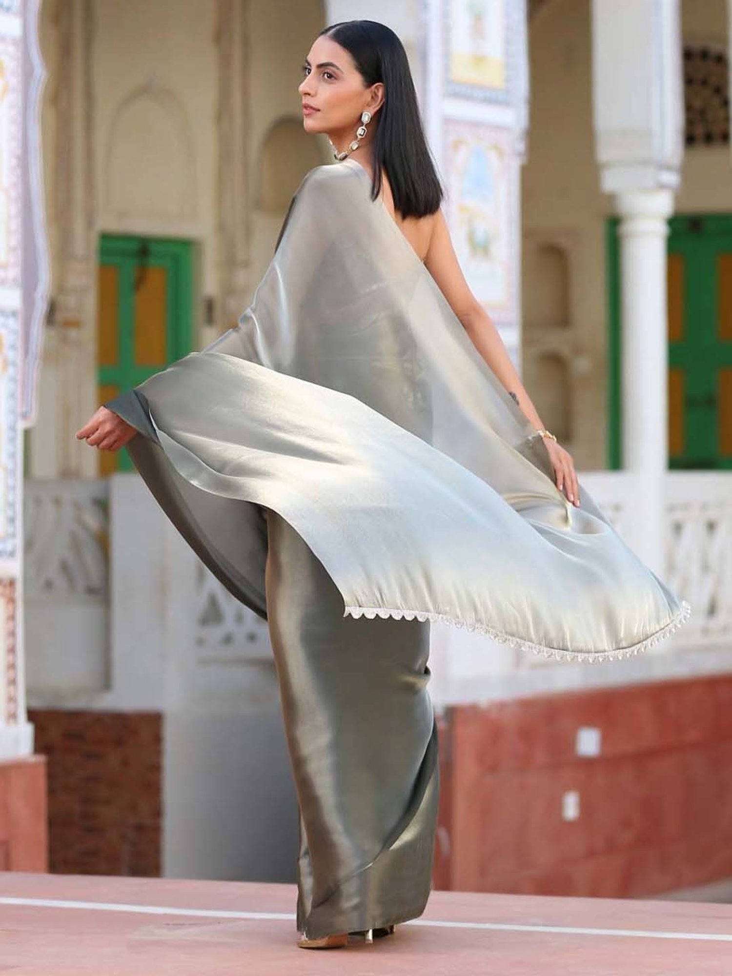 Swtantra Grey & Golden Organza Saree