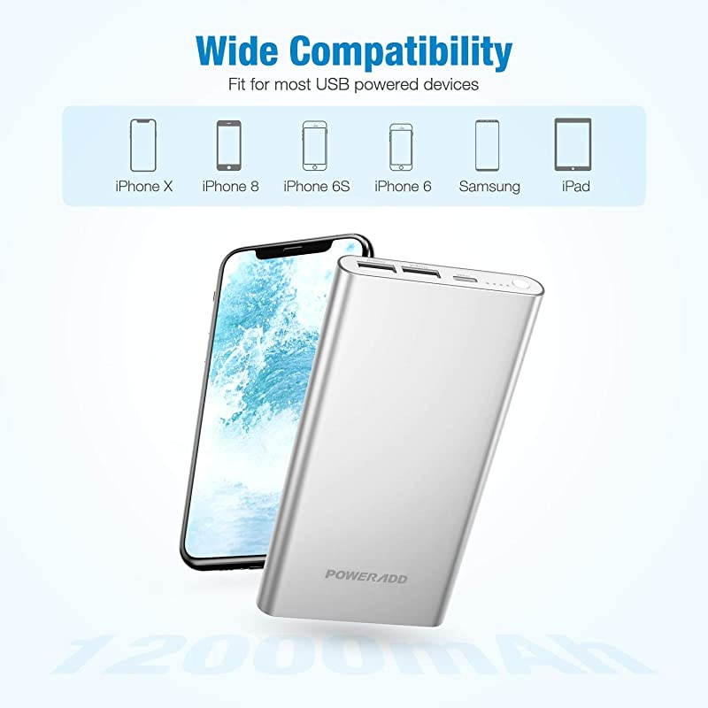 Pilot 4GS 12000mAh Portable Charger 8 Pin Input Power Bank with 3A High-Speed Output Compatible with iPhone, iPad, iPod, Samsung and More - Silver (8 Pin Cable Include)