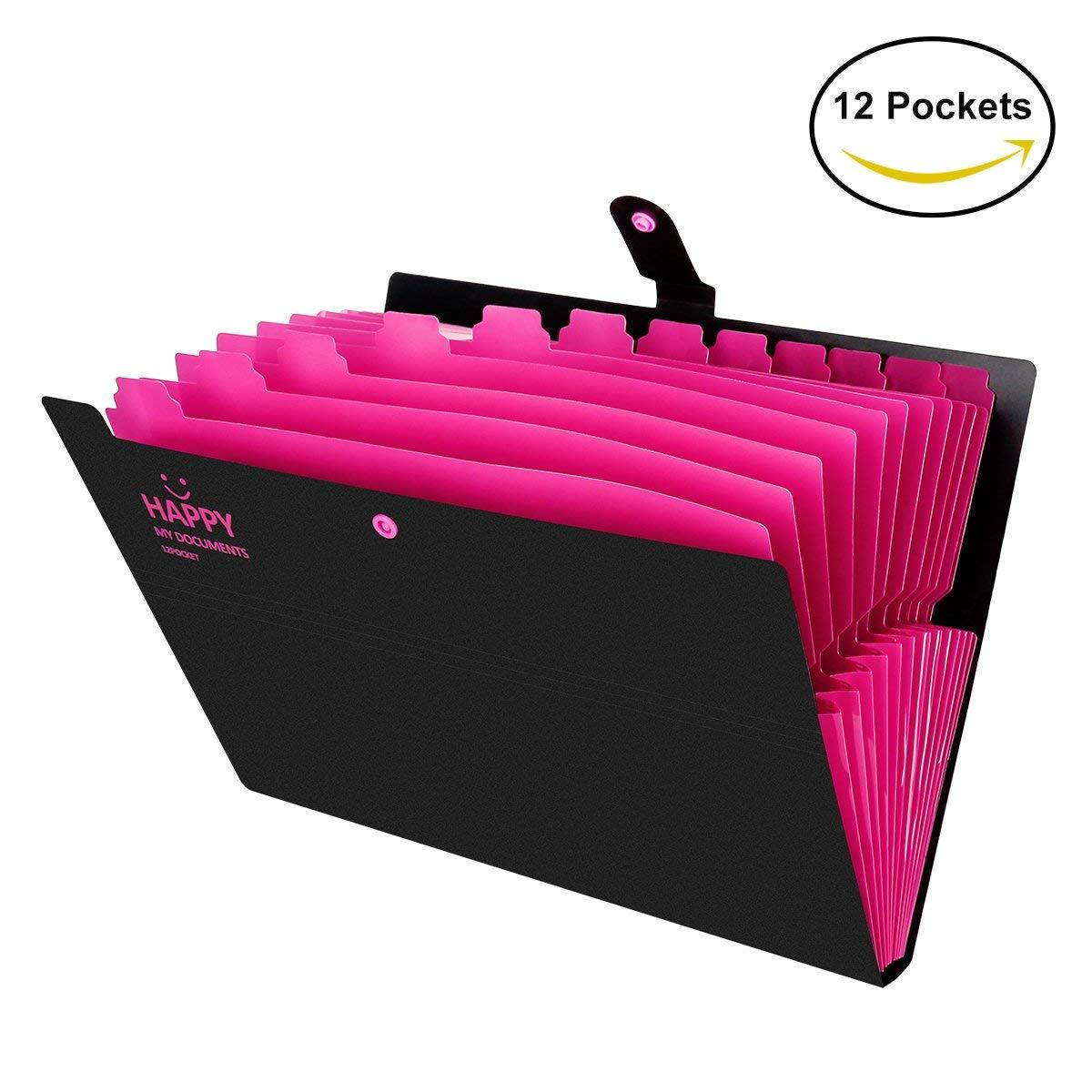 Yigou Expanding File Folder 12 Pockets with Snap Button, Portable Accordion Office Document Organizer Letter A4 Paper Size [Black]