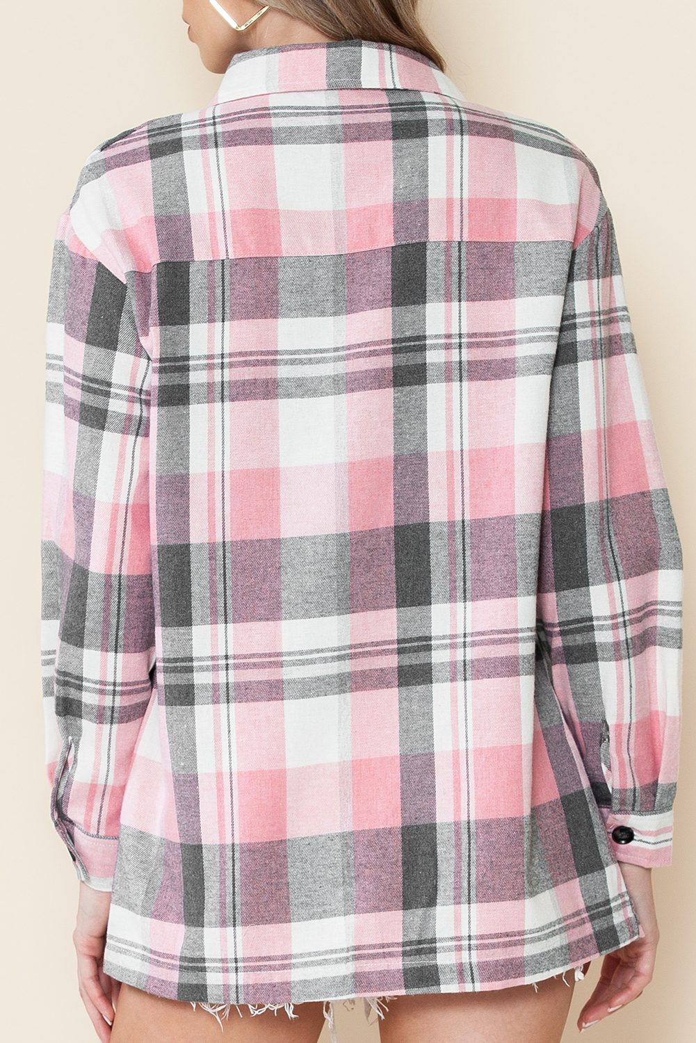 Pink Long Sleeve Collared Button Up Flannel Shacket