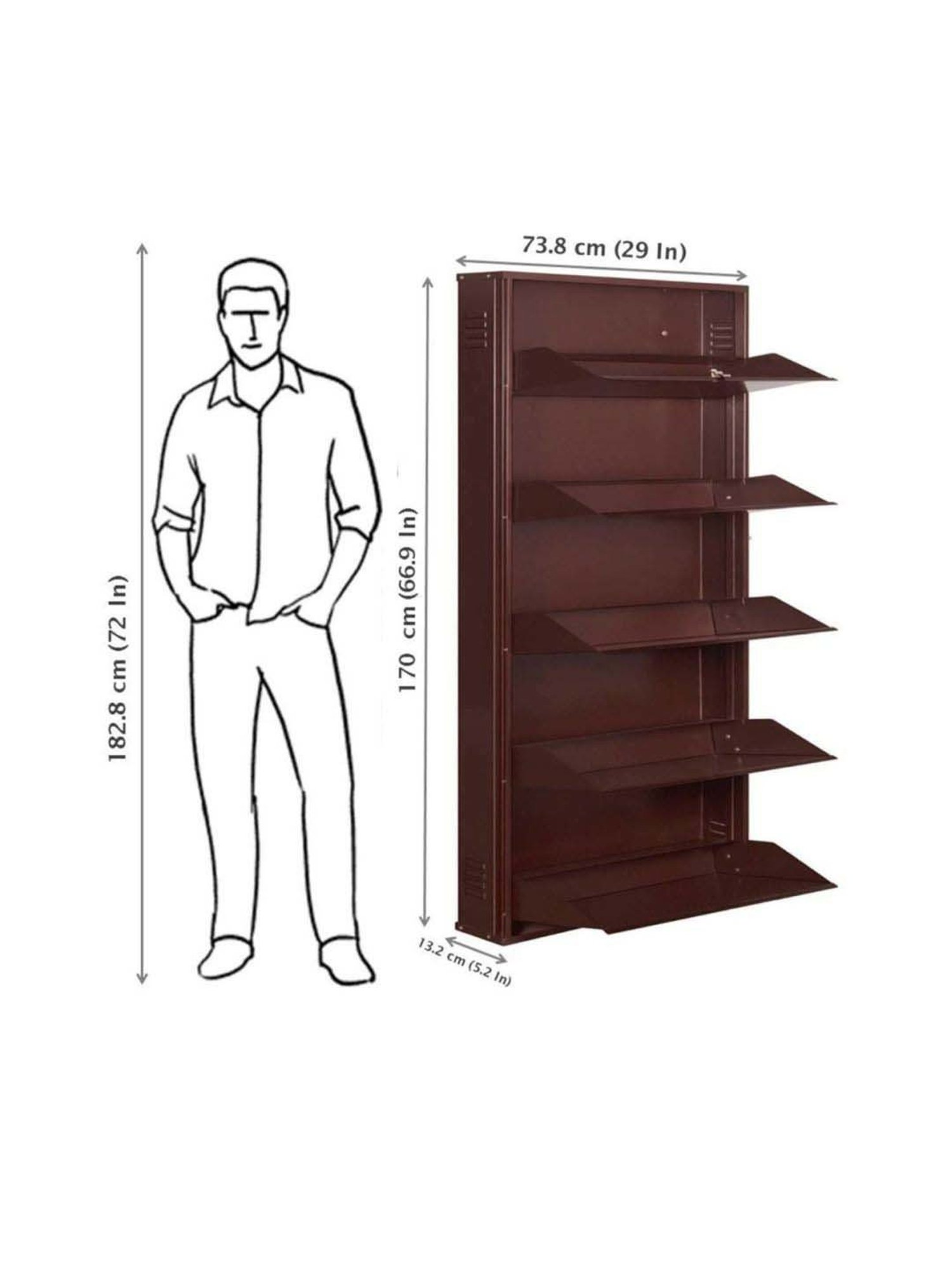 Delite Kom Metal Shoe Rack - 29" 5 Shelf, Coffee, PowderCoat, Wall Mount, DIY