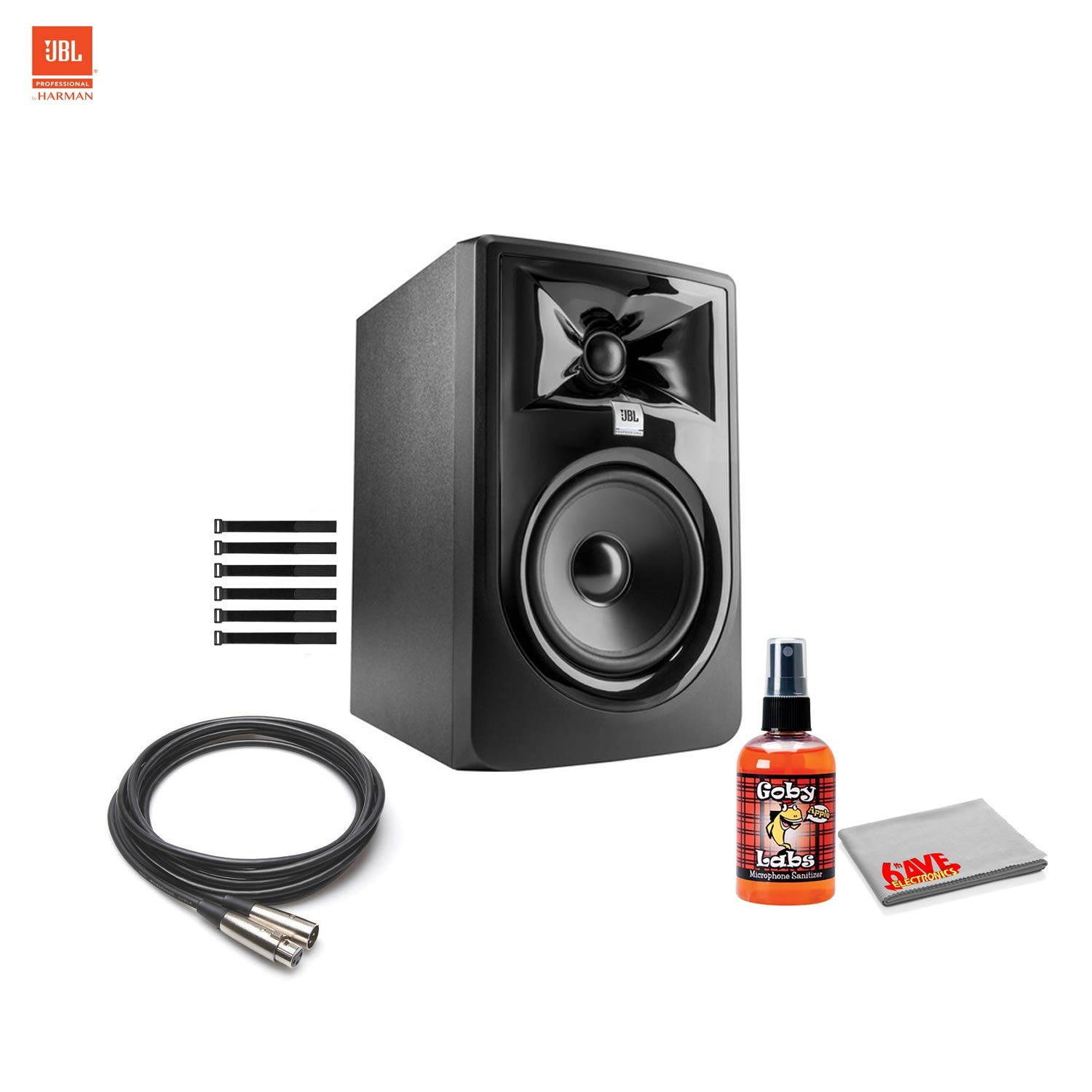 JBL 305P MkII - Powered 5 Inch Two-Way Studio Recording Monitor with Sanitizer Spray for Microphones + Cable Ties + 2x X