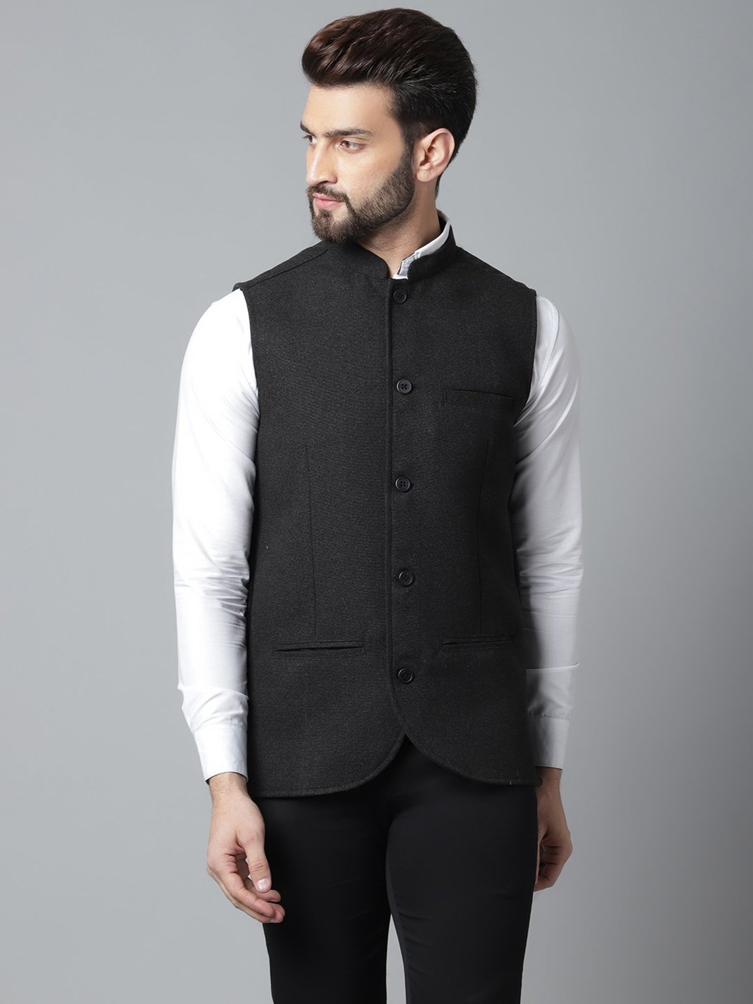Even Black Regular Fit Mandarin Collar Nehru Jacket