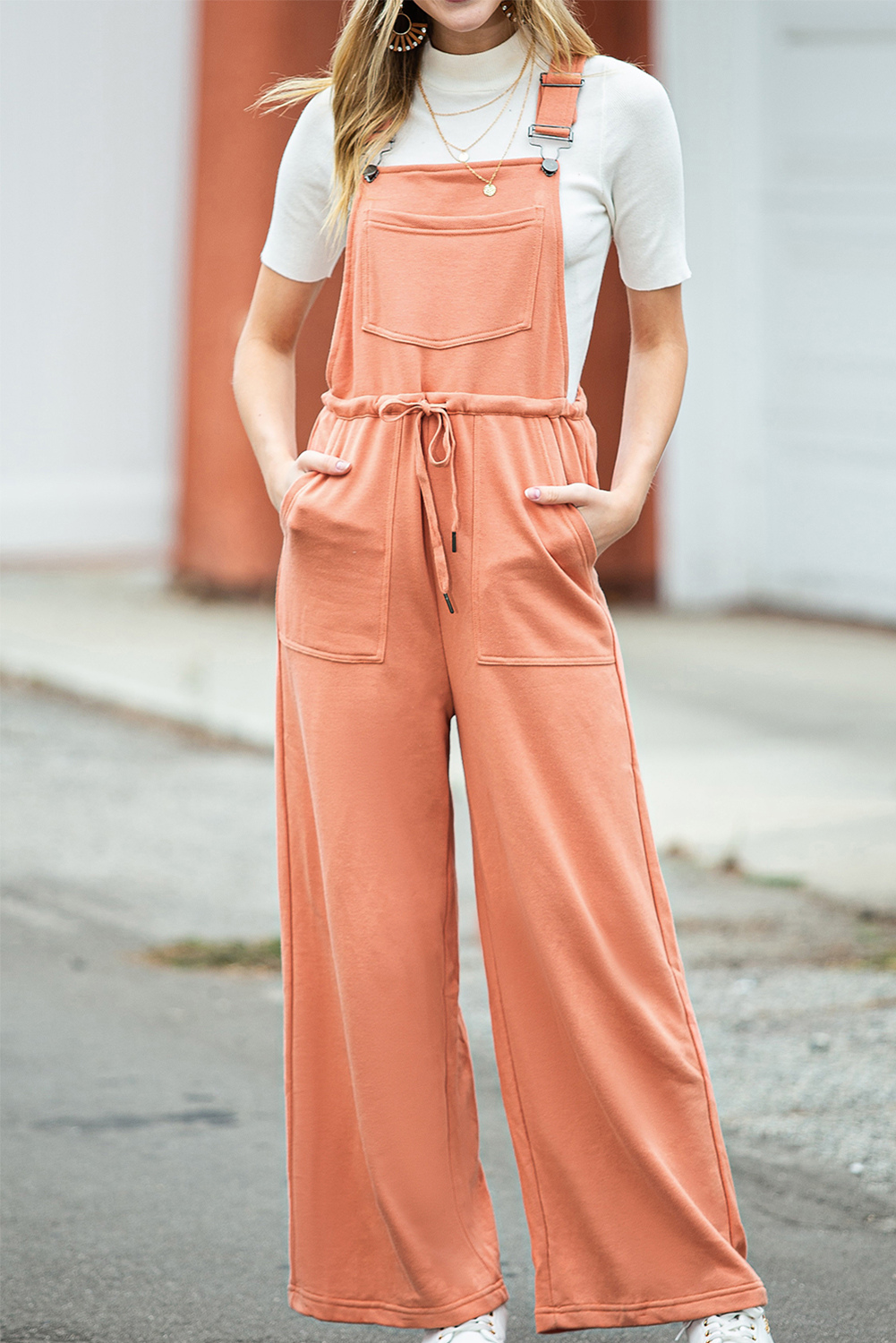 Rose Tan Solid Self Tied Straps Pleated Wide Leg Jumpsuit