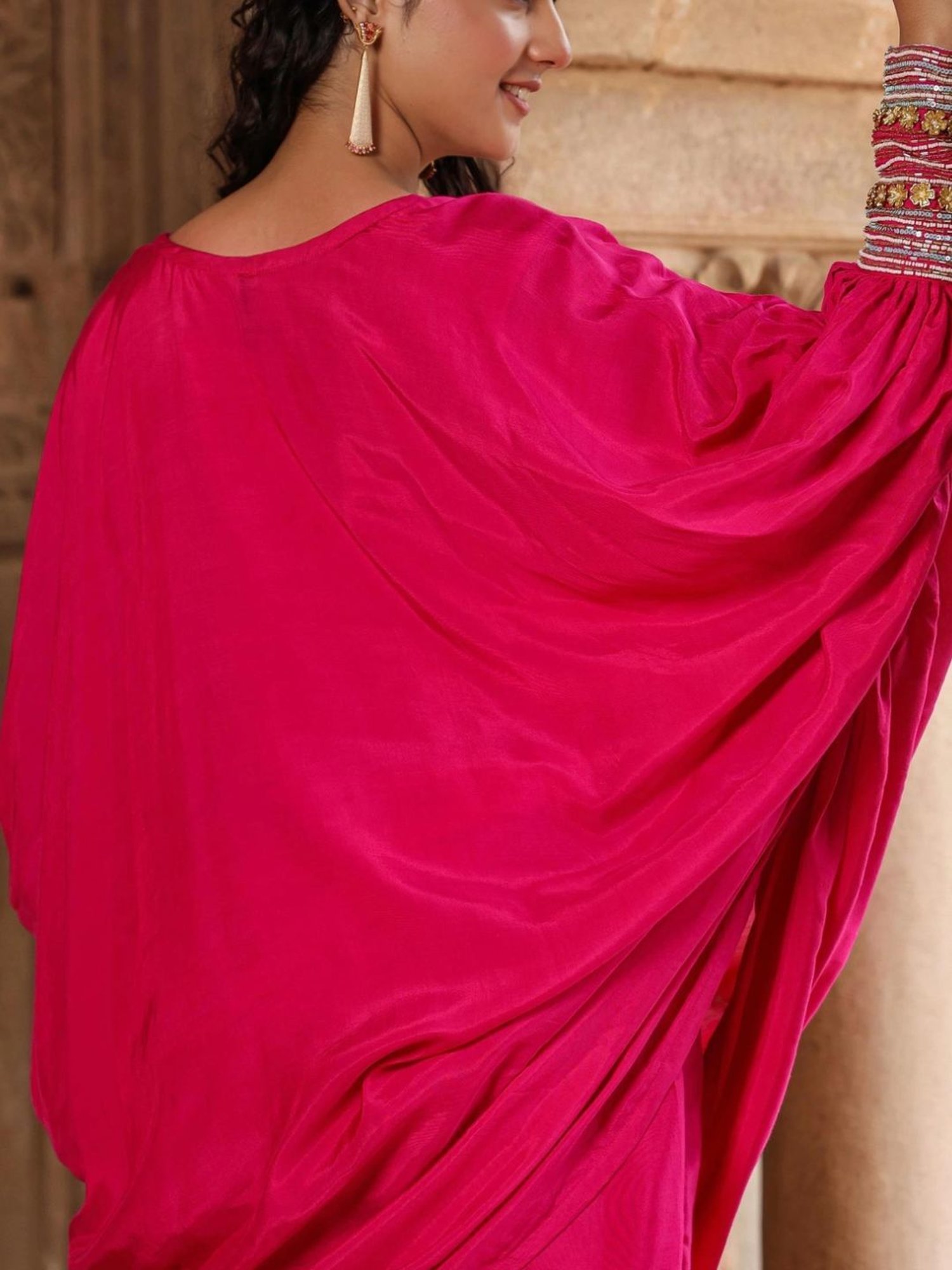 Scakhi Pink Muslin Silk Poncho Co-Ord Set With Trouser And Camisole