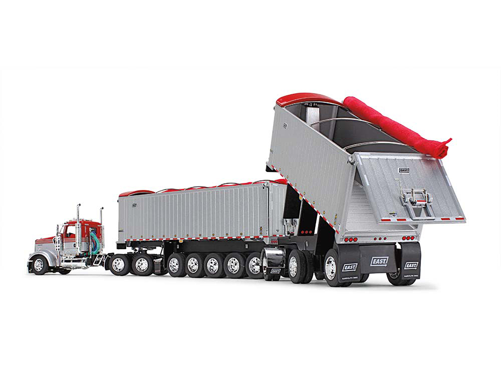 Kenworth W900L Day Cab and East Michigan Series 31' and 20' End Dump Trailers Viper Red and Silver 1/64 Diecast Model by DCP/First Gear