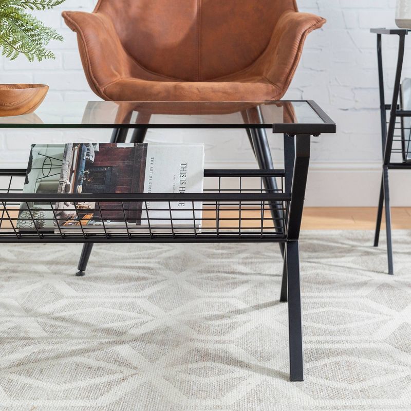 Modern Metal & Glass Coffee Table with Magazine Holder Black - Saracina Home