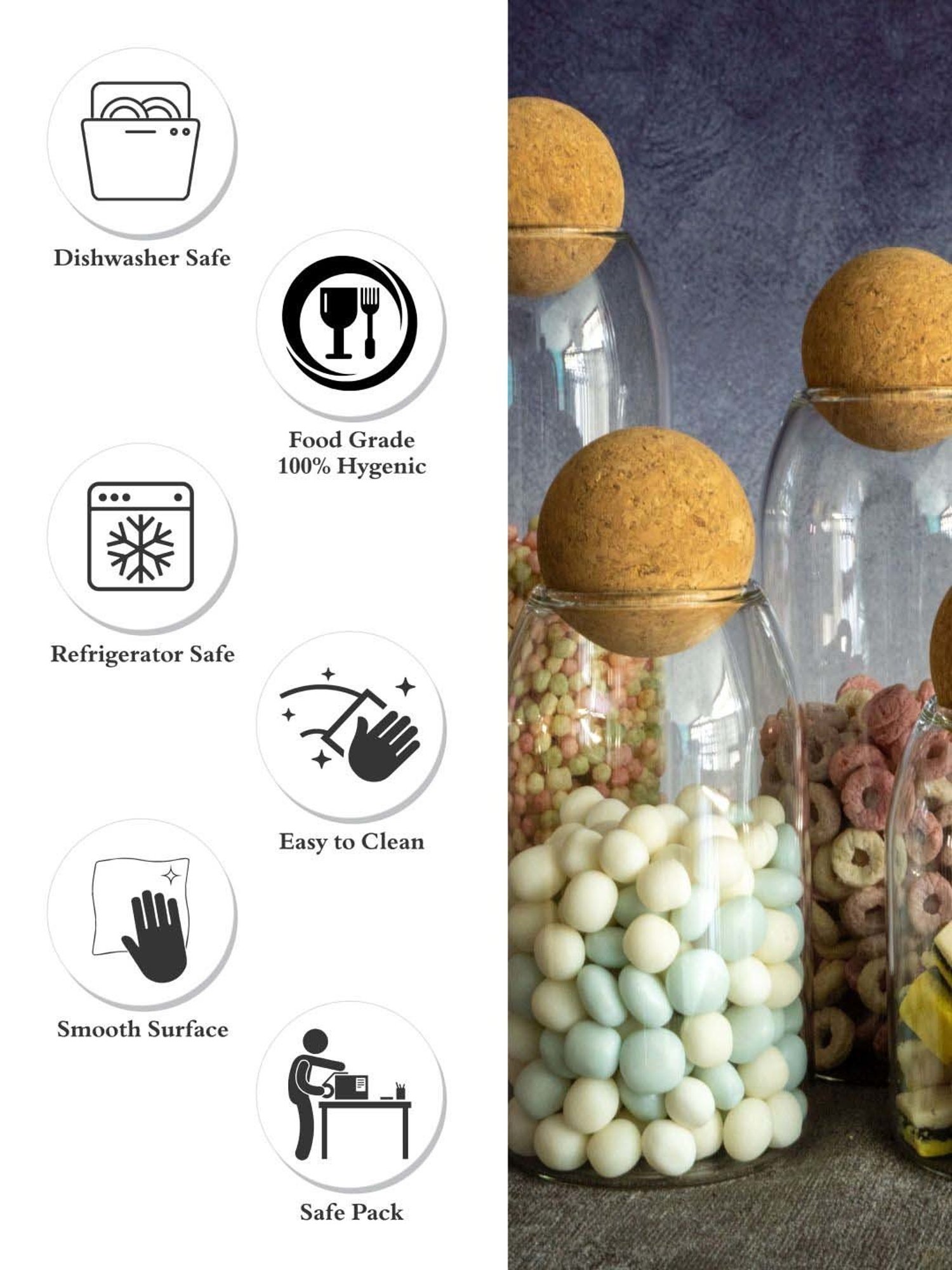 Goodhomes Transparent & Brown Glass Storage Container With Cork Lid - Set of 4