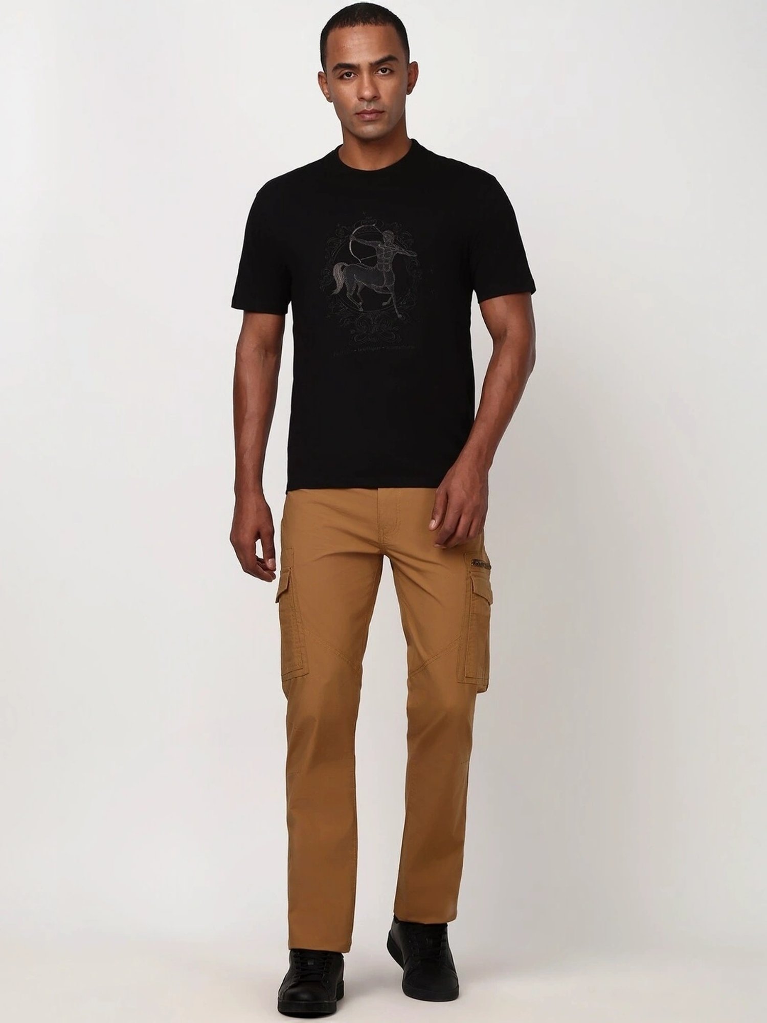 Peter England Casuals Black Cotton Regular Fit Embroidered T-Shirt