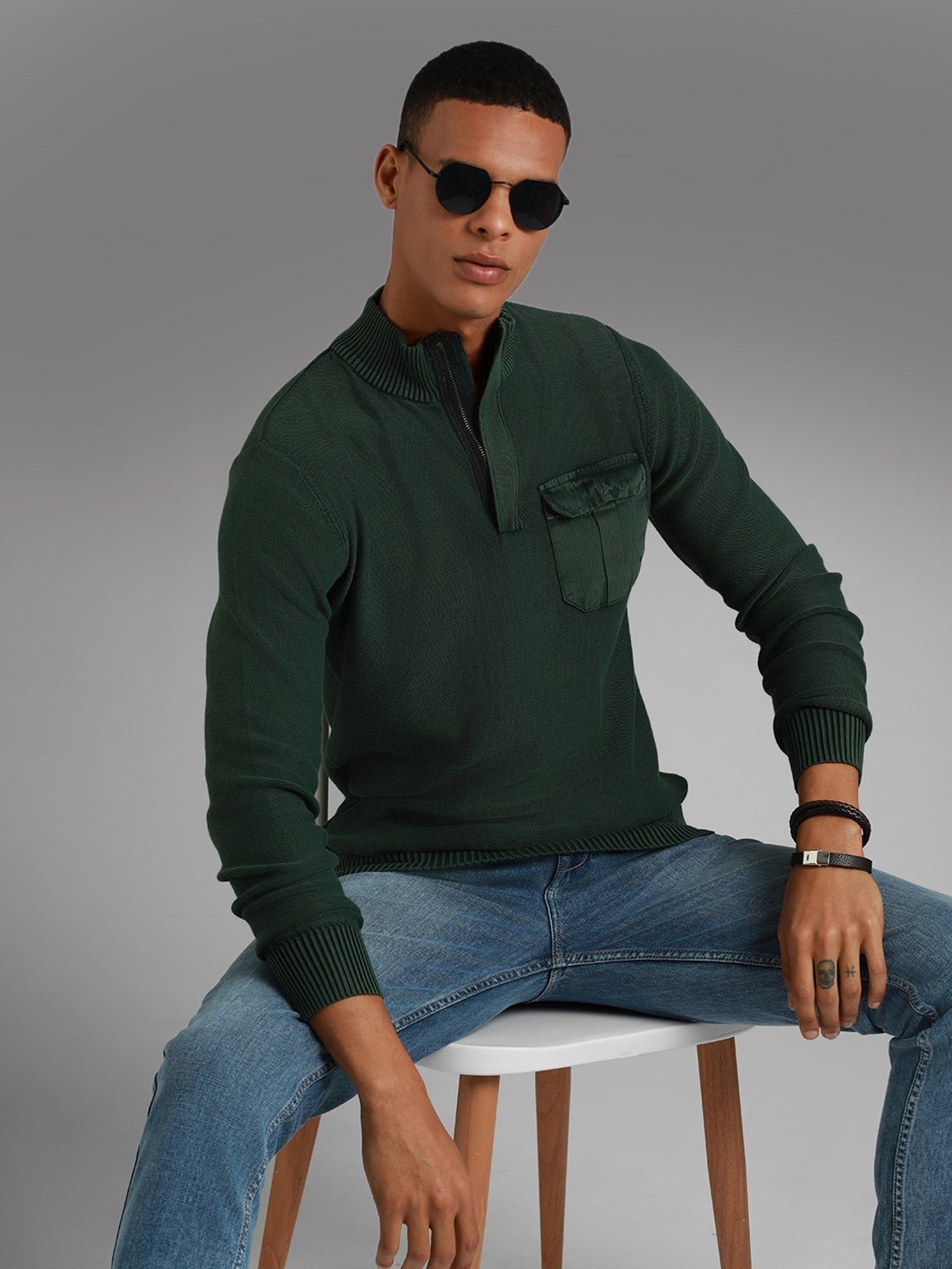 High Star Green Cotton Regular Fit Self Pattern Sweater