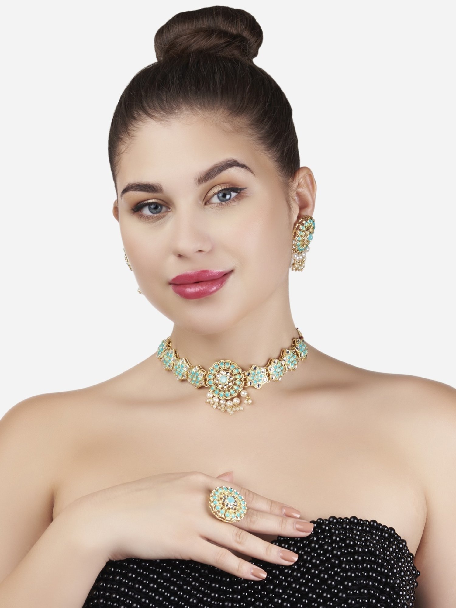 Zaveri Pearls Turquoise & Green Stones Necklace, Earring & Ring Set