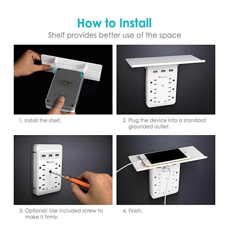 Socket Outlet Shelf  9 Port Multi Plug Wall Outlet Surge Protector 1080J with 3 USB Ports 34A Total and Super Convenient Shelf for Cell Phone Placement VI168