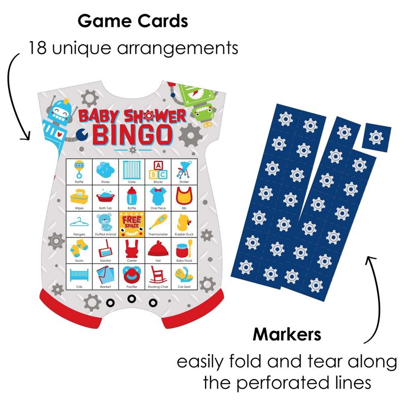 Big Dot of Happiness Gear Up Robots - Picture Bingo Cards and Markers - Baby Shower Shaped Bingo Game - Set of 18