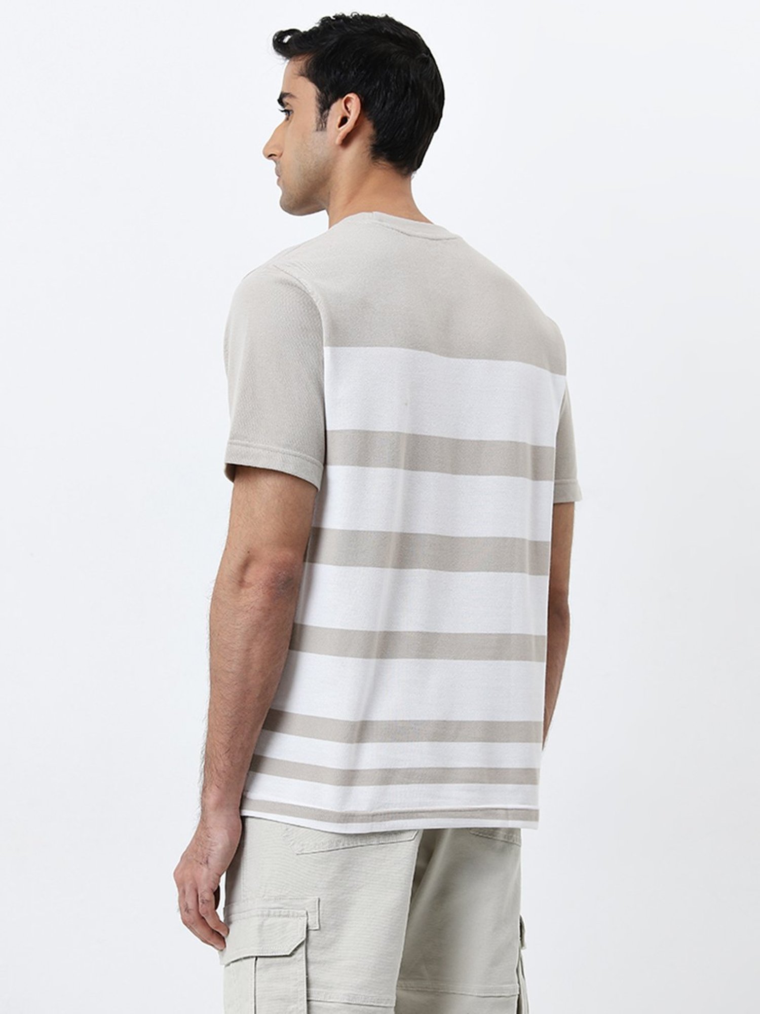 WES Lounge by Westside Beige Striped Slim-Fit T-Shirt