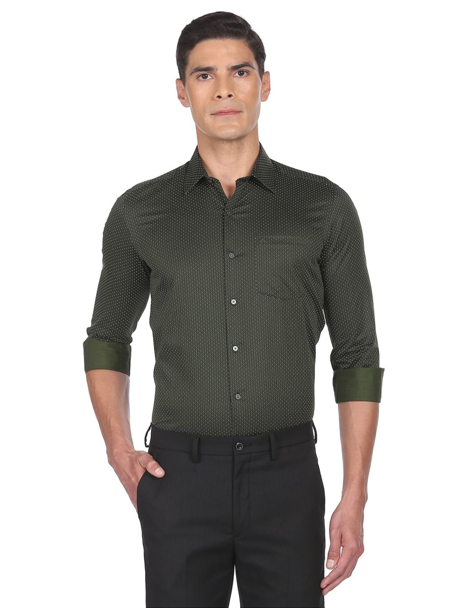 Arrow New York Green Cotton Slim Fit Printed Shirts