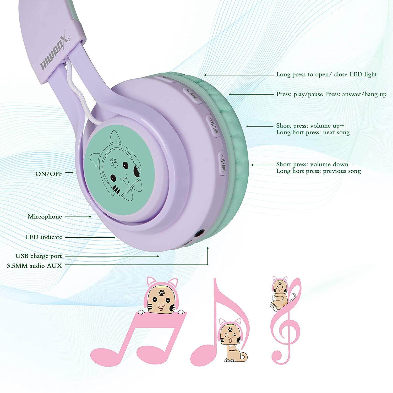 Kids Headphones, Riwbox CT-7S Cat Ear Bluetooth Headphones 85dB Volume Limiting,LED Light Up Kids Wireless Headphones Over Ear with Microphone for iPhone/iPad/Kindle/Laptop/PC/TV (Purple&Green)