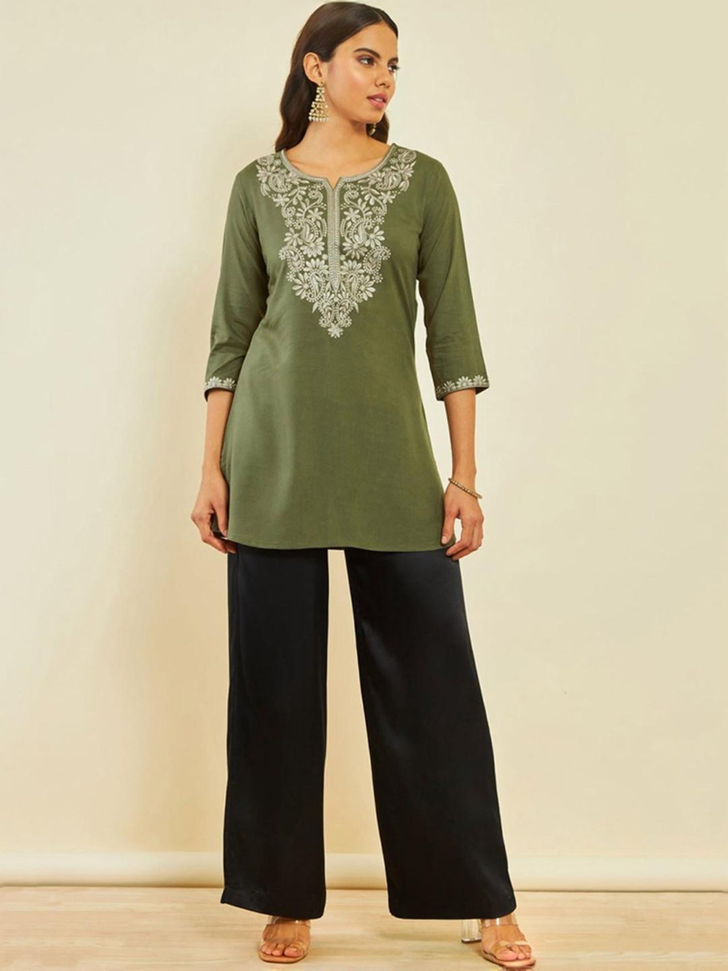 Soch Olive Rayon Paisley Embroidered A-Line Tunic with Vented Hemline