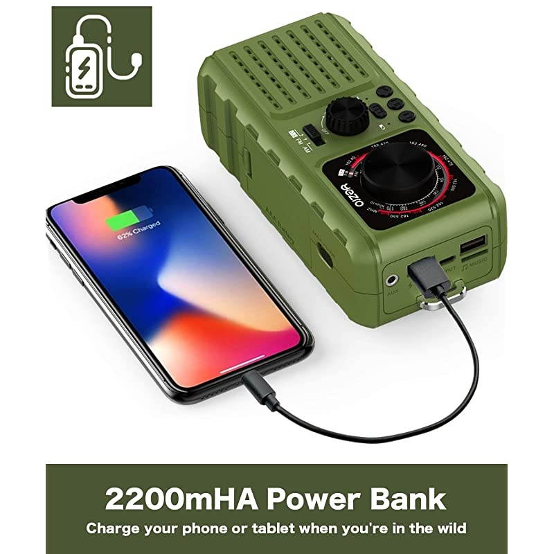 Solar Crank Emergency Radio  NOAAAMFM Portable Weather Radios with Flashlight SOS Alarm USB Phone Charger MP3 Player 2200mHA Power Bank for Home Outdoor Green