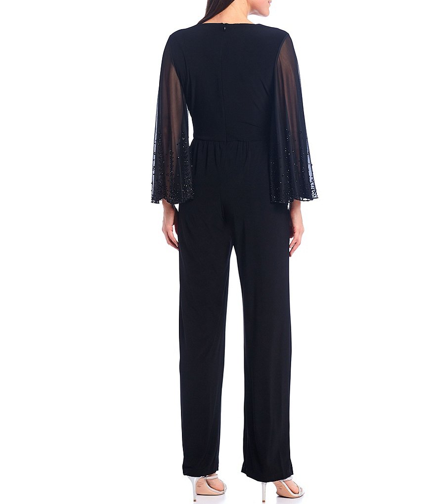 Marina V-Neck Embellished 3/4 Flared Sleeve Matte Jersey Jumpsuit