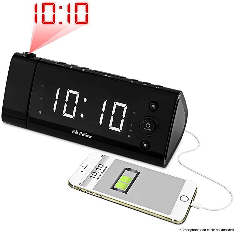 EAAC475W USB Charging Alarm Clock Radio with Time Projection Battery Backup Auto Time Set Dual Alarm 12Inch White LED Display for Smartphones Tablets
