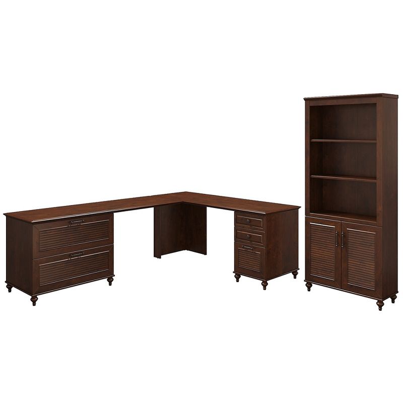 Office by kathy ireland 68Wx91D L Shaped Desk w/Bookcase & Pedestals Coastal Cherry ALA171CC