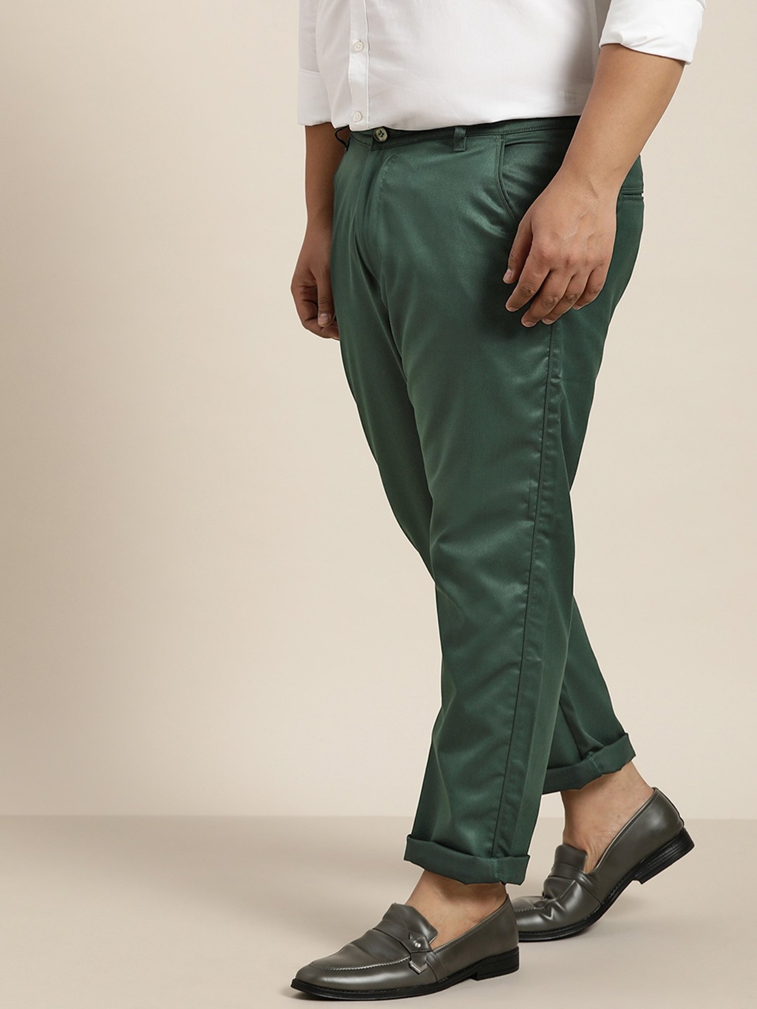 Sojanya Green Cotton Regular Slim Fit Flat Front Trousers