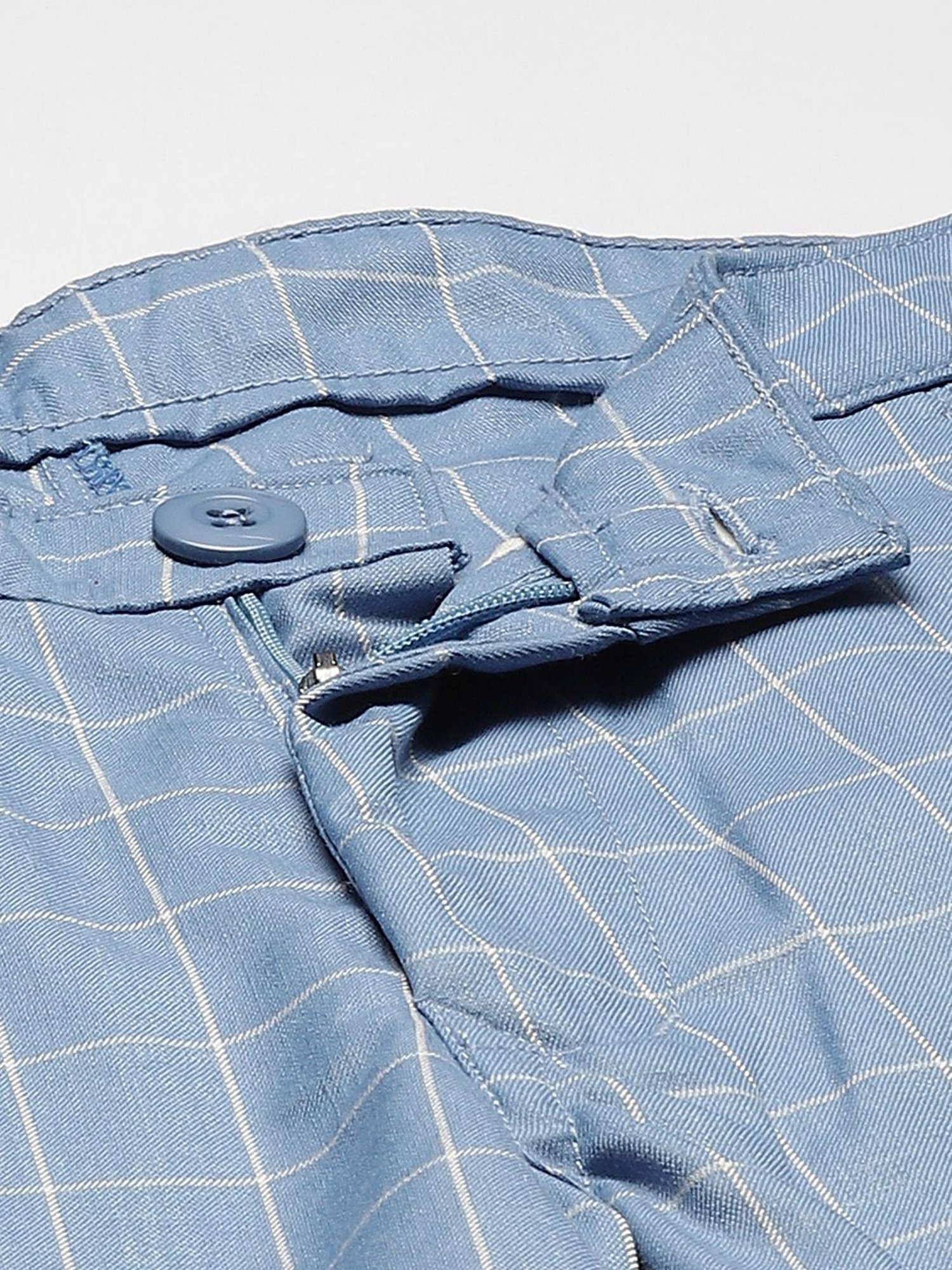 Sojanya Blue Cotton Regular Slim Fit Checks Flat Front Trousers