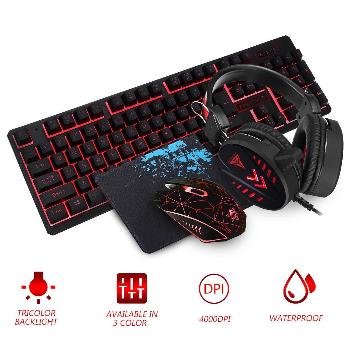 Kit 3 Ergonomics Metal Light Keyboard+Mouse+Headset Set Wired Game for PC
