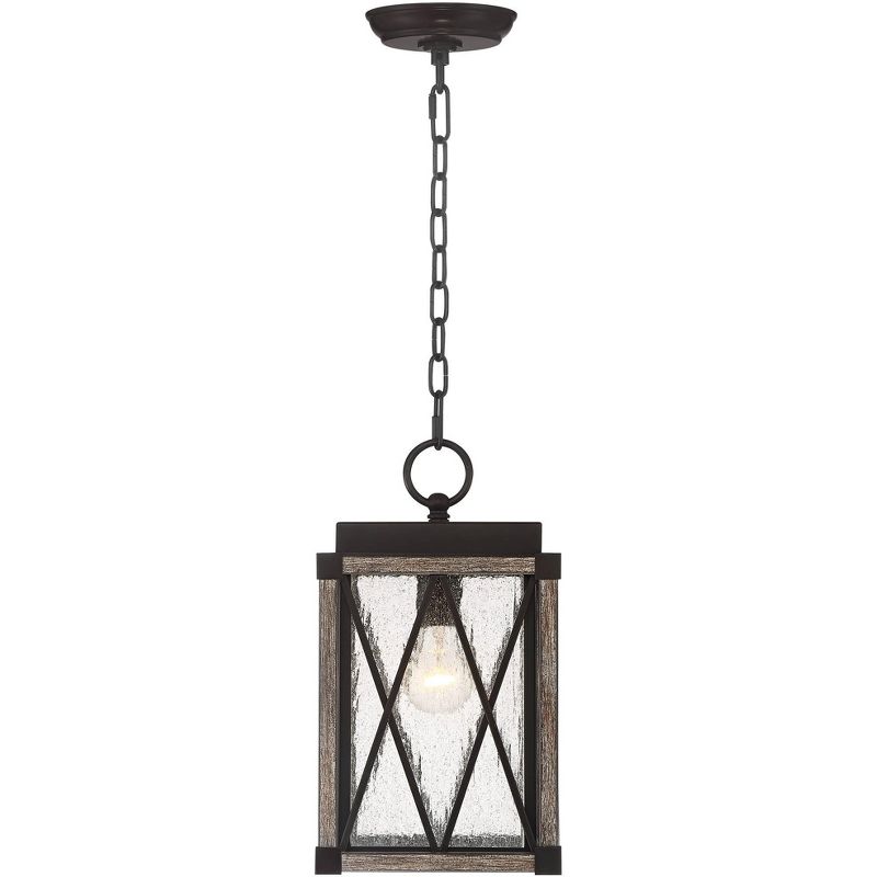 Possini Euro Design Rustic Outdoor Ceiling Light Hanging Bronze Wood 14 1/2" Clear Seedy Glass Lantern Exterior House Porch Patio