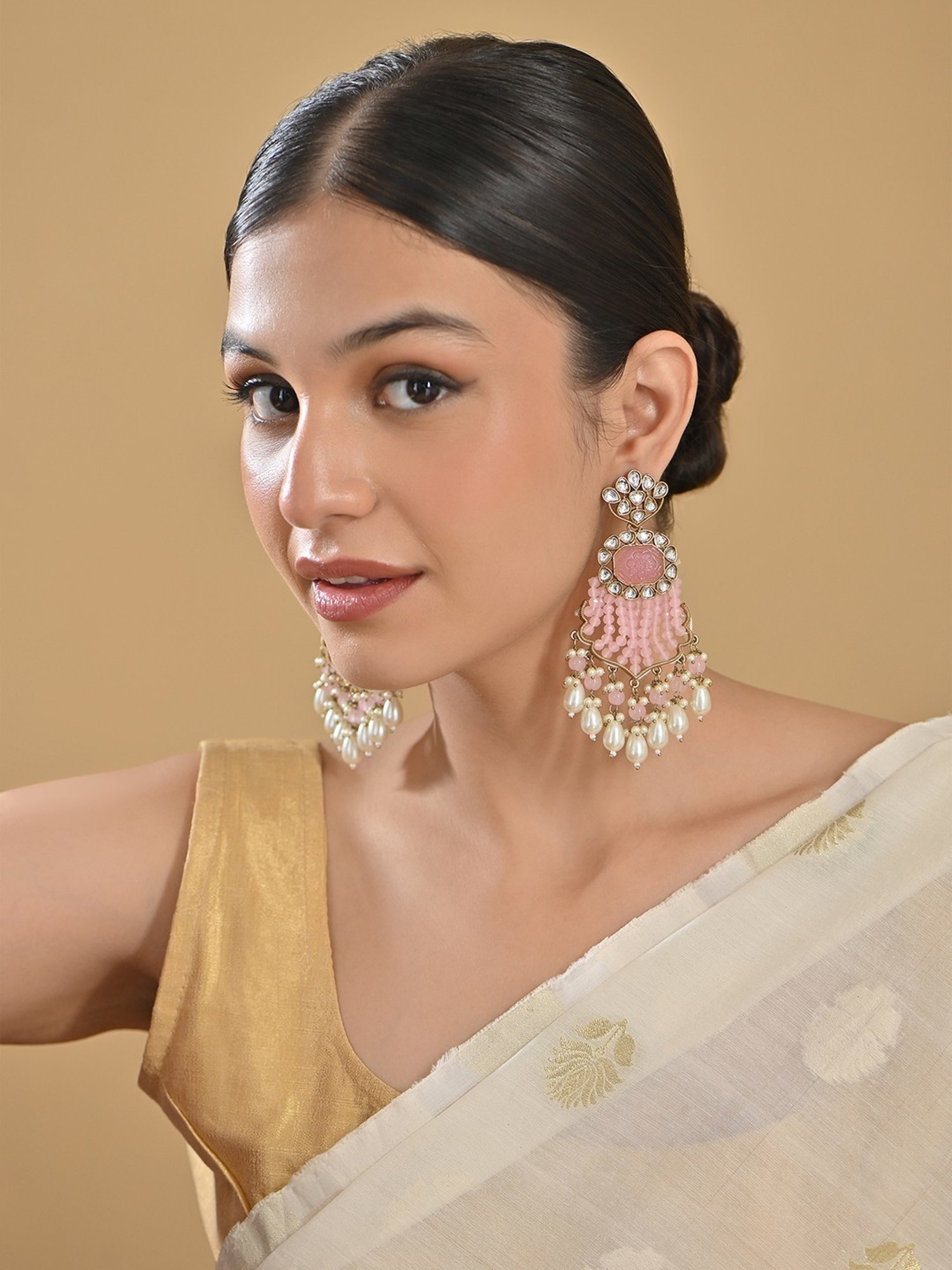 Fida Pink & White Pearl Kundan Dangler Earrings for Women
