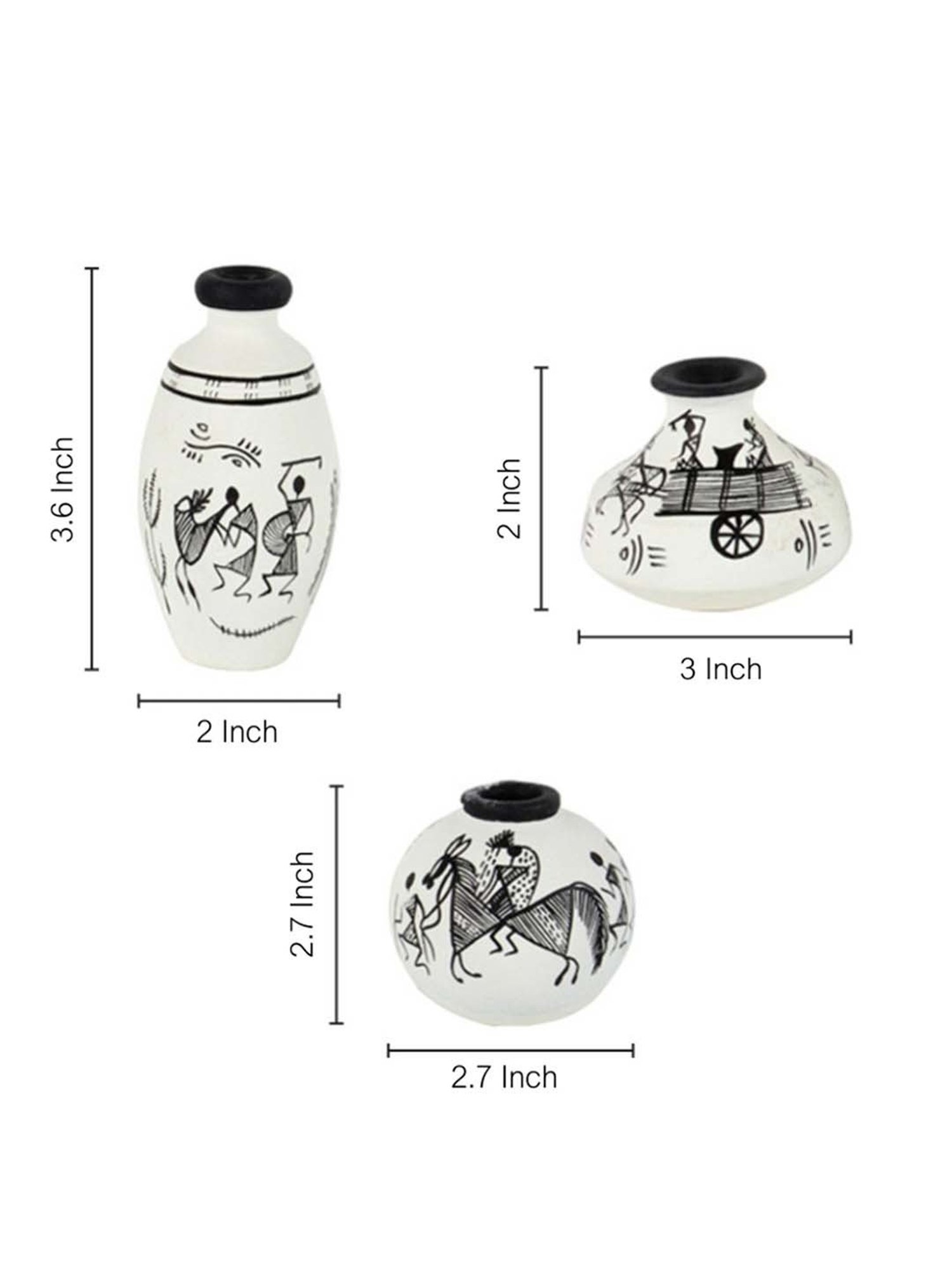 ExclusiveLane Terracotta Warli Handpainted Miniature White Pots Showpieces (Set Of 3)