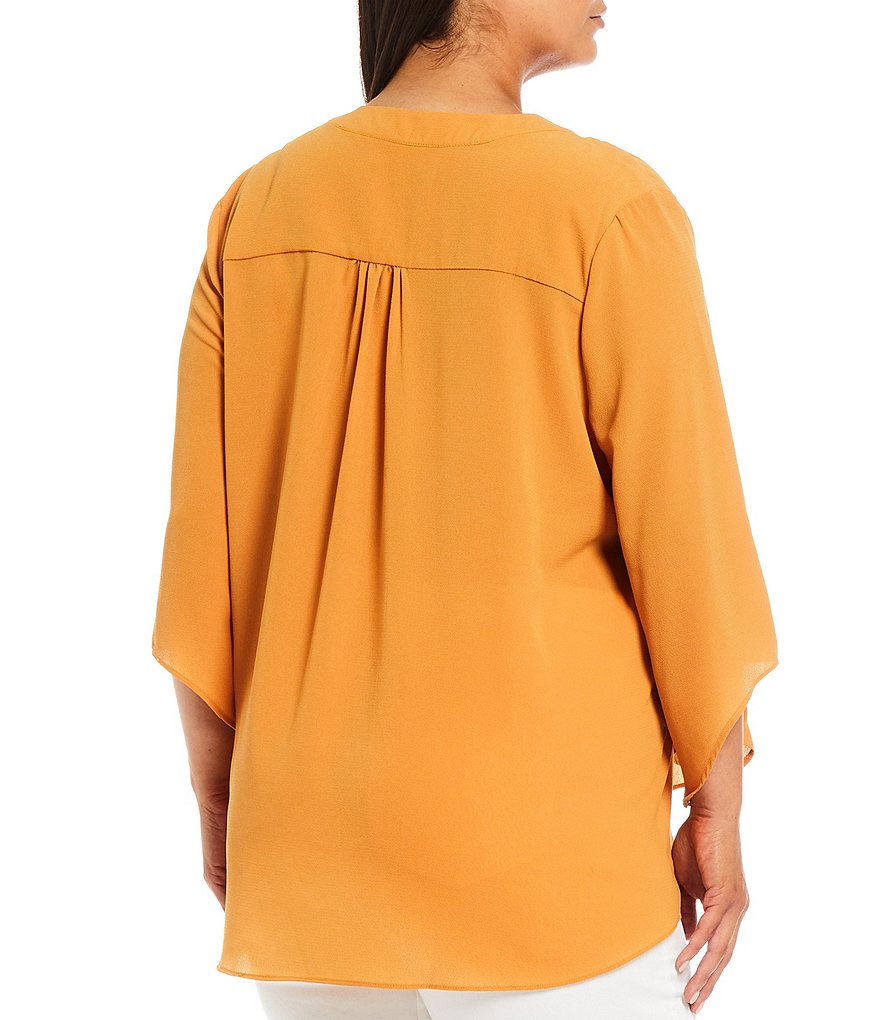 Calessa Plus Size 3/4 Flute Sleeve Split Round Neck Crossover Hem Pebble Crepe Tunic