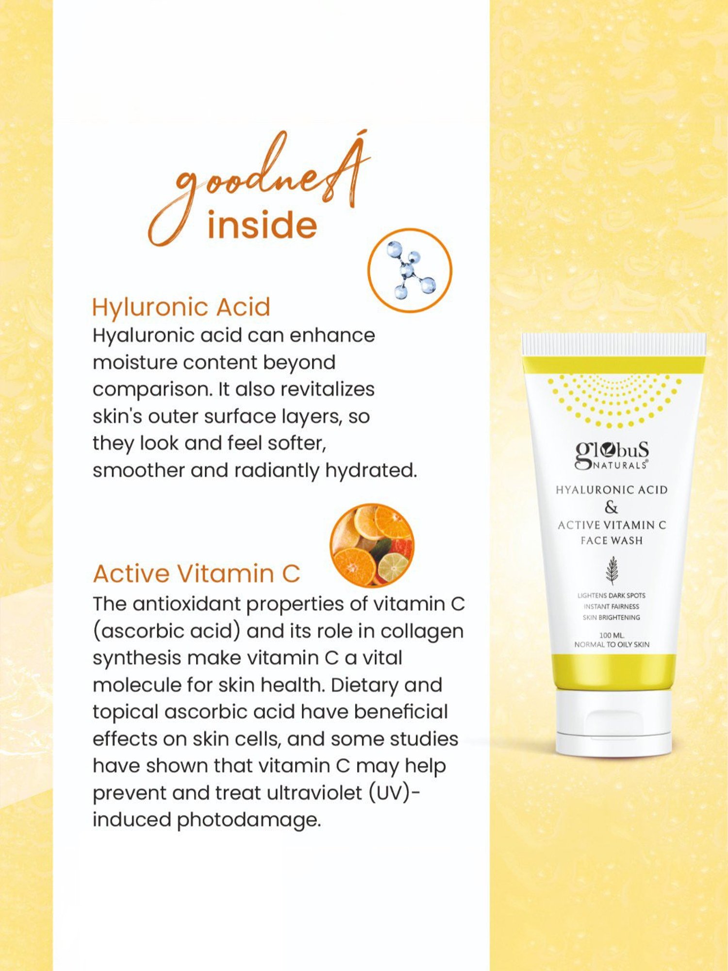 Globus Naturals Hyaluronic Acid & Active Vitamin C Face Wash - 100 ml