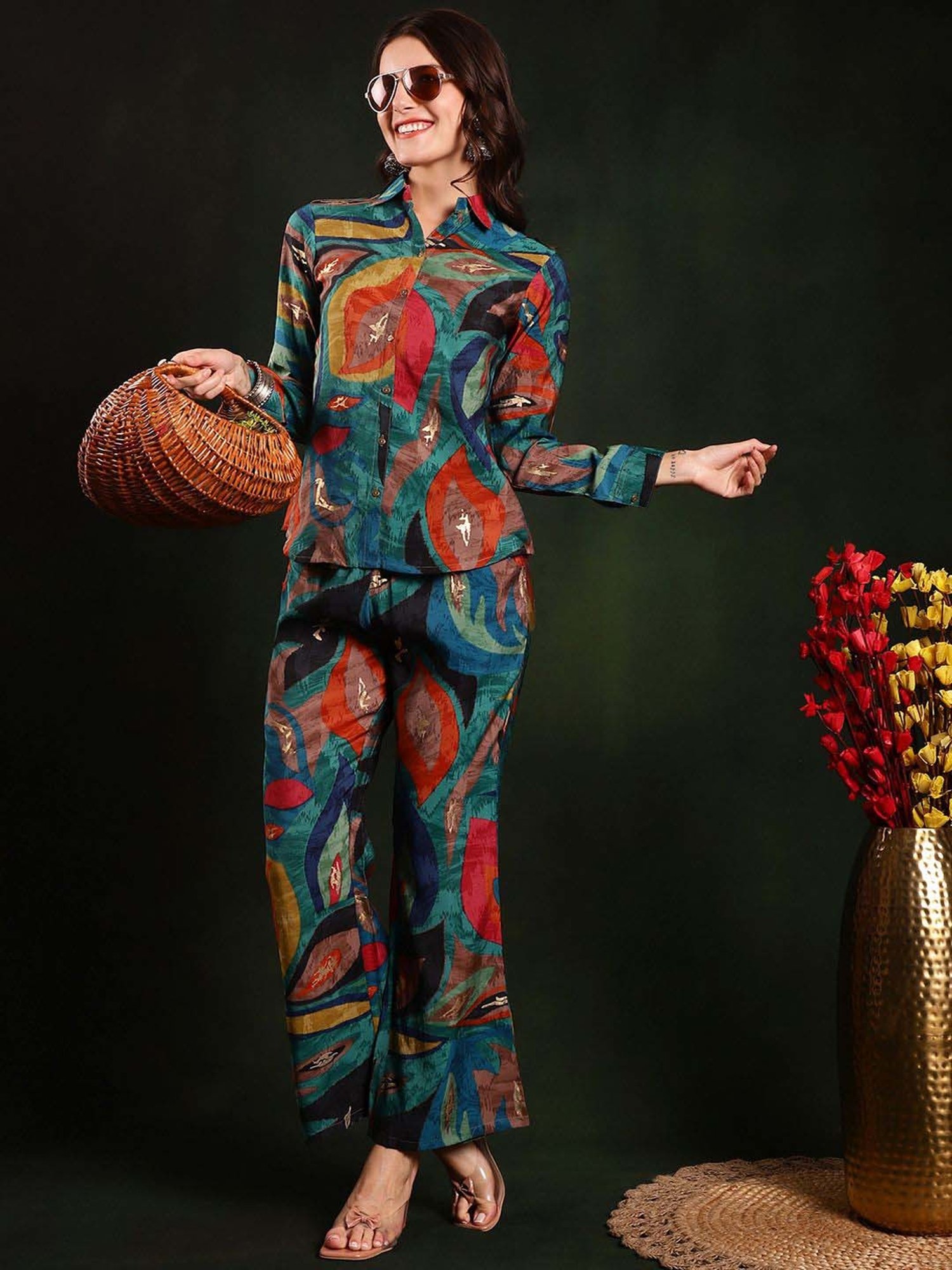 Claura Green Printed Shirt Pant Set