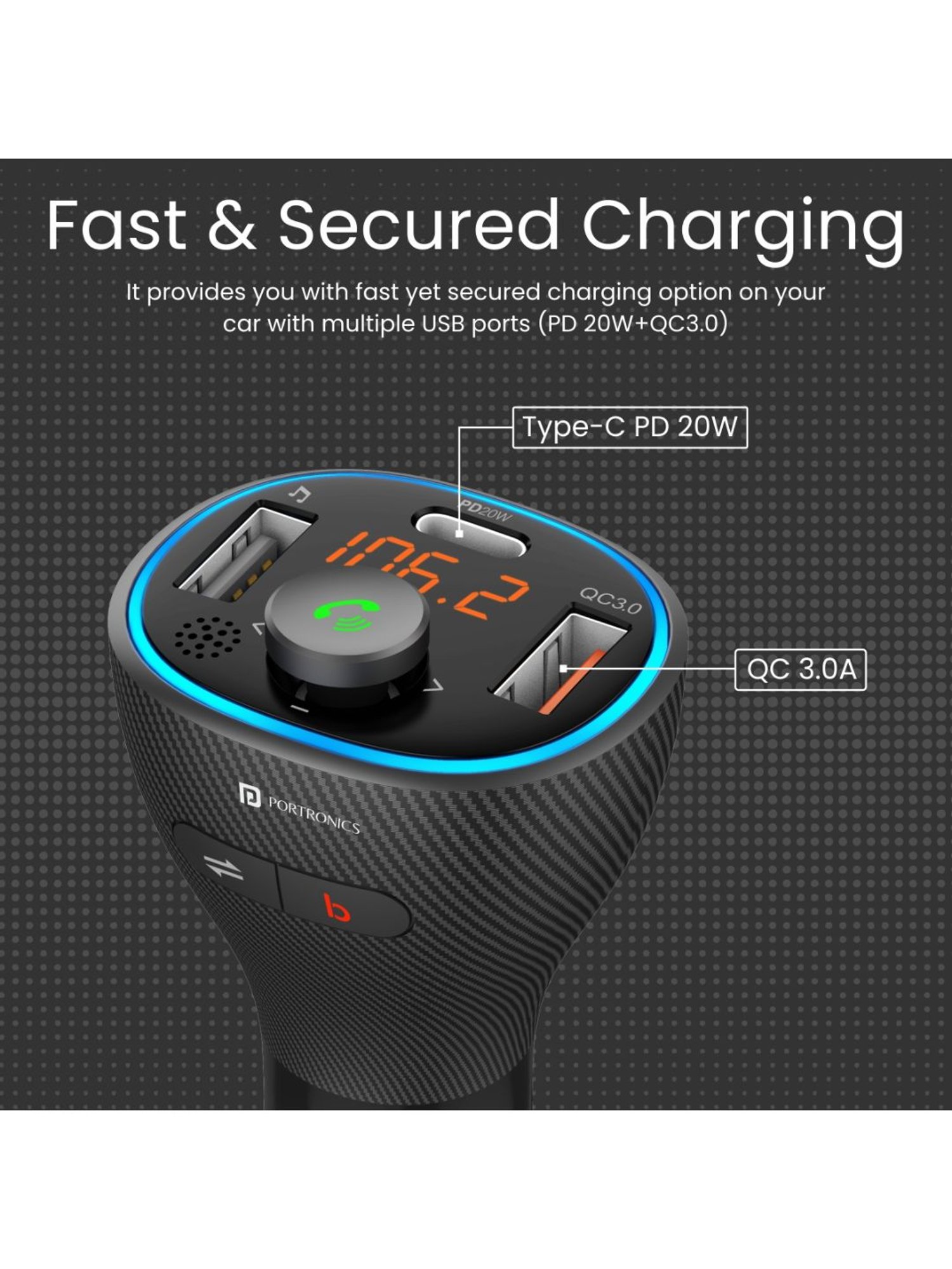 Portronics Auto 15 POR-1265 Car Radio Adapter with Bluetooth and FM Transmitter (Black)