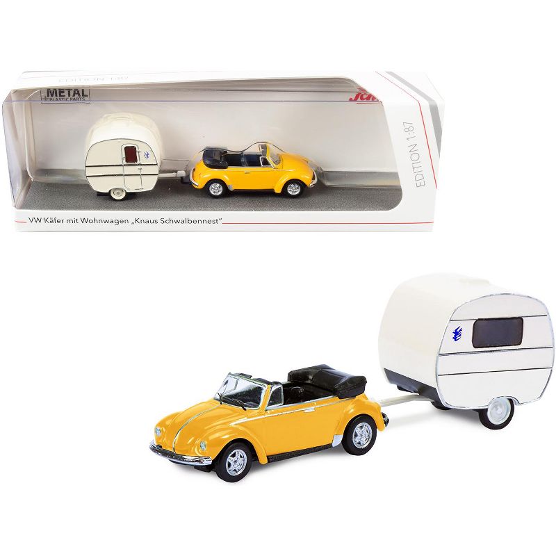 Volkswagen Kafer Convertible Yellow with Knaus Schwalbennest Travel Trailer Cream 1/87 (HO) Diecast Model Car by Schuco