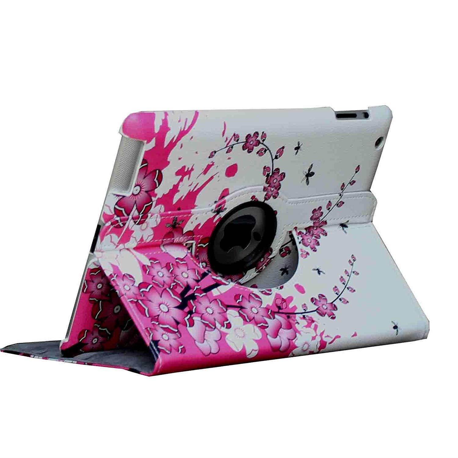 iPad 2 Case, iPad 3 Case, iPad 4 Case, Lingsor 360 Degree Rotating Stand Magnetic Smart Leather Cover Auto Sleep Wake For iPad 2/3/4 With Film And Stylus, Pink Flower