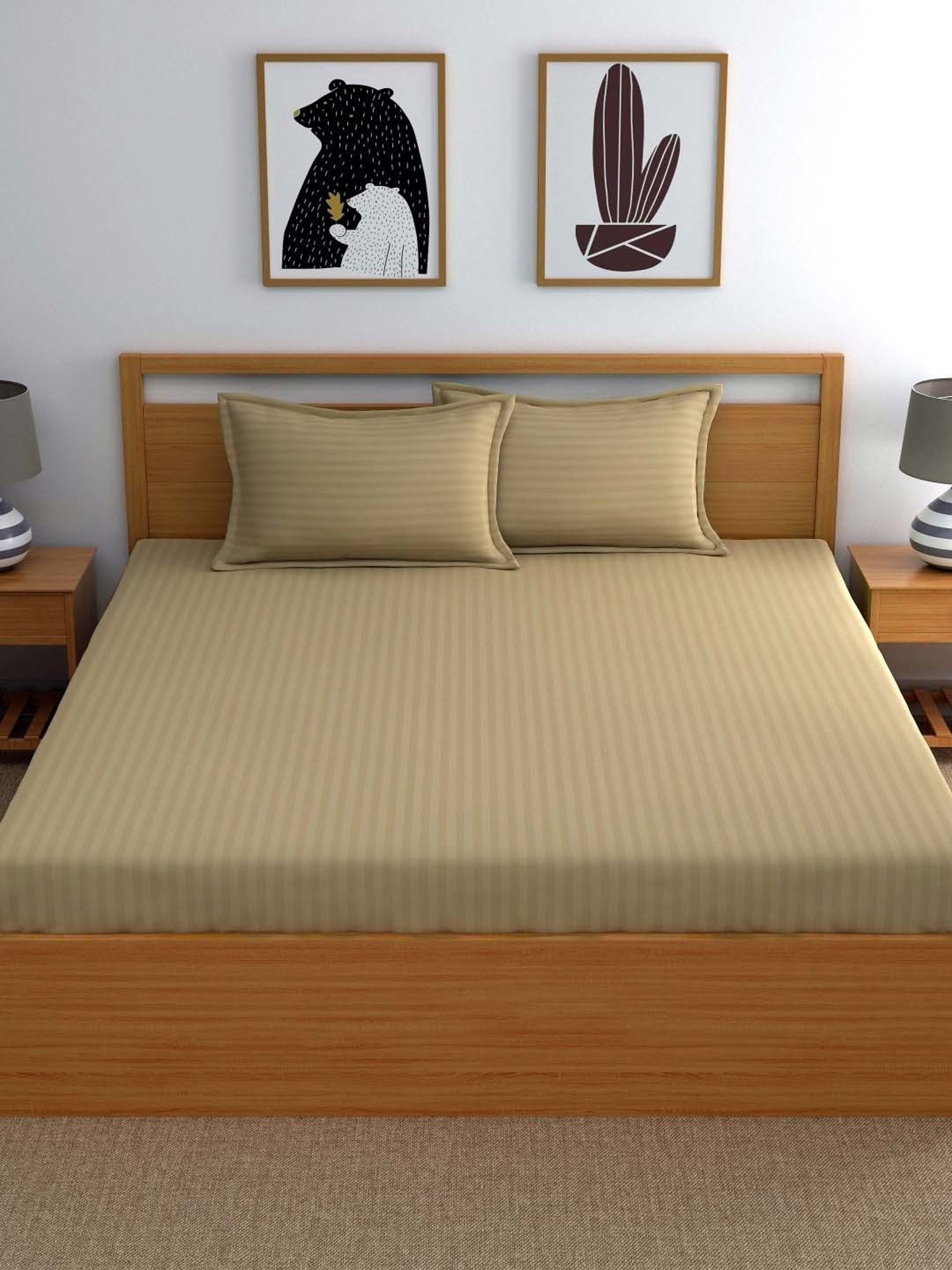 Dreamscape Khaki Cotton 220 TC King Bedsheet with 2 Pillow Covers