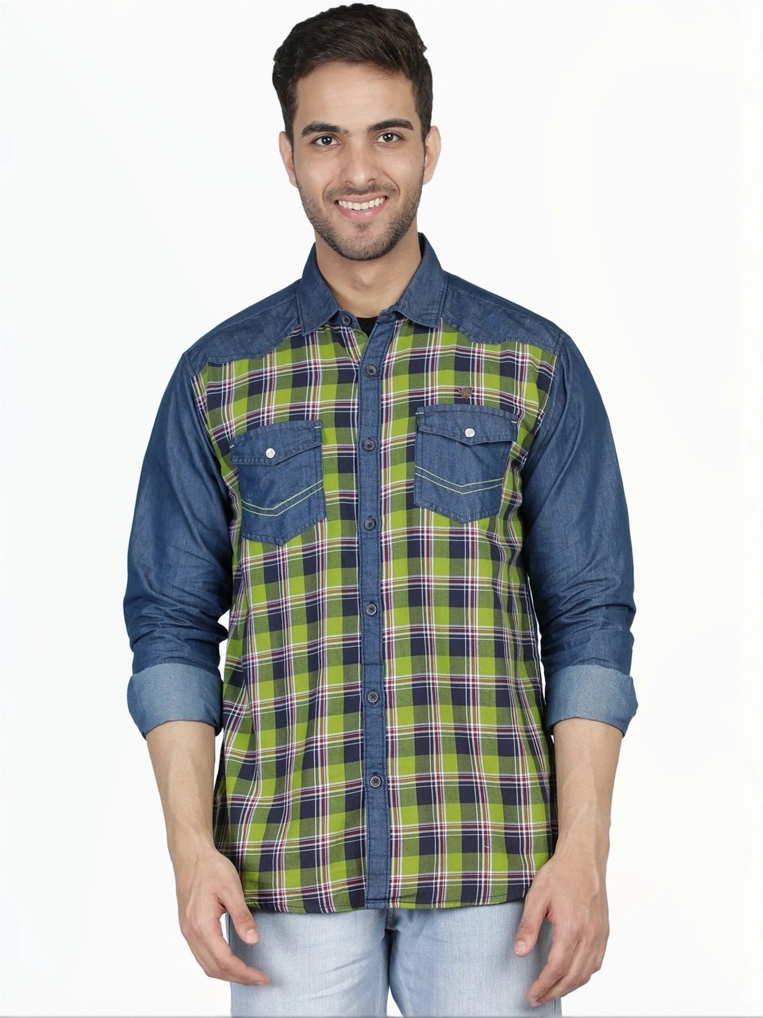 Kuons Avenue Green & Blue Slim Fit Checks Denim Shirt