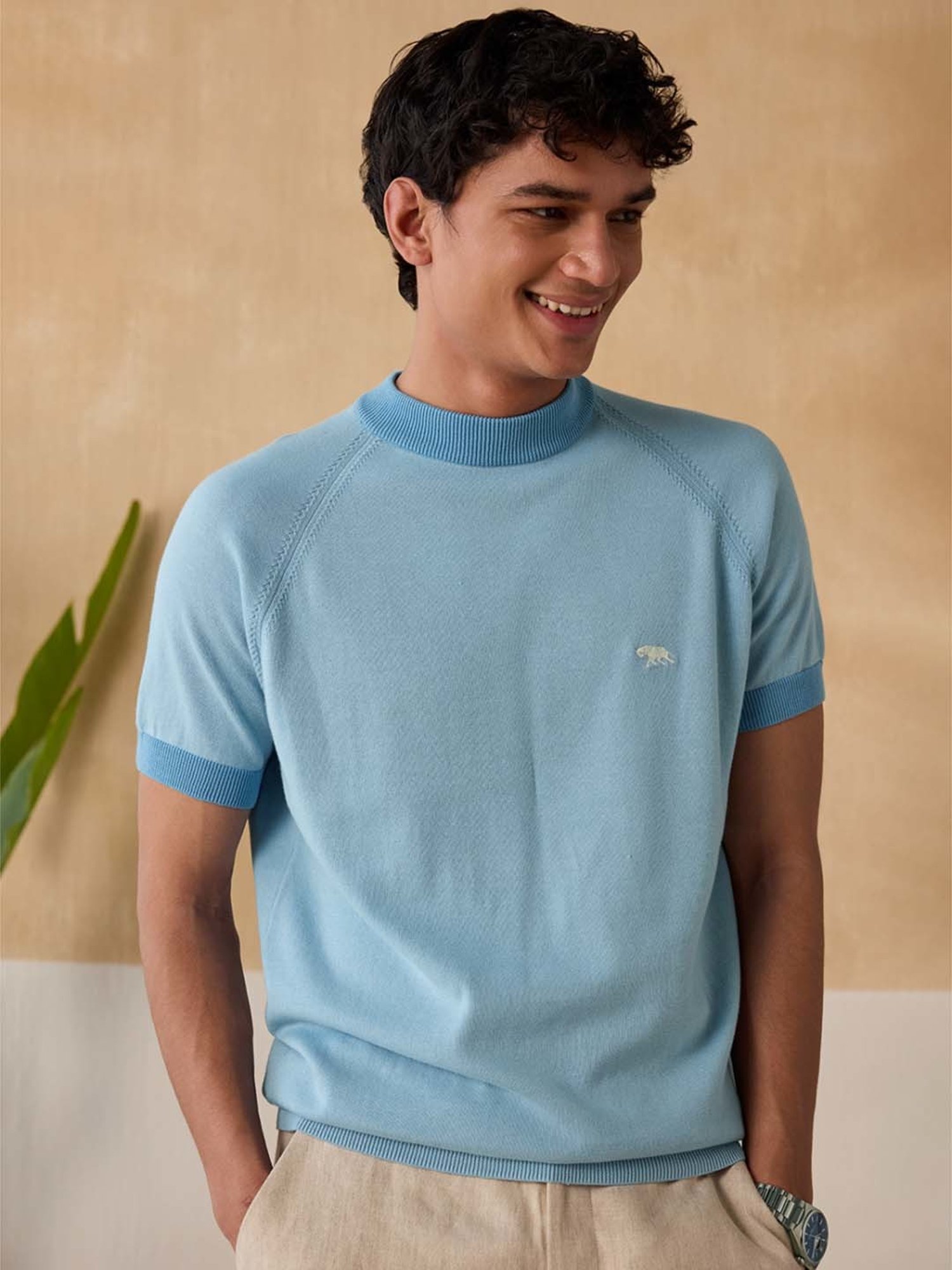 Andamen Blue Cotton Regular Fit T-Shirt