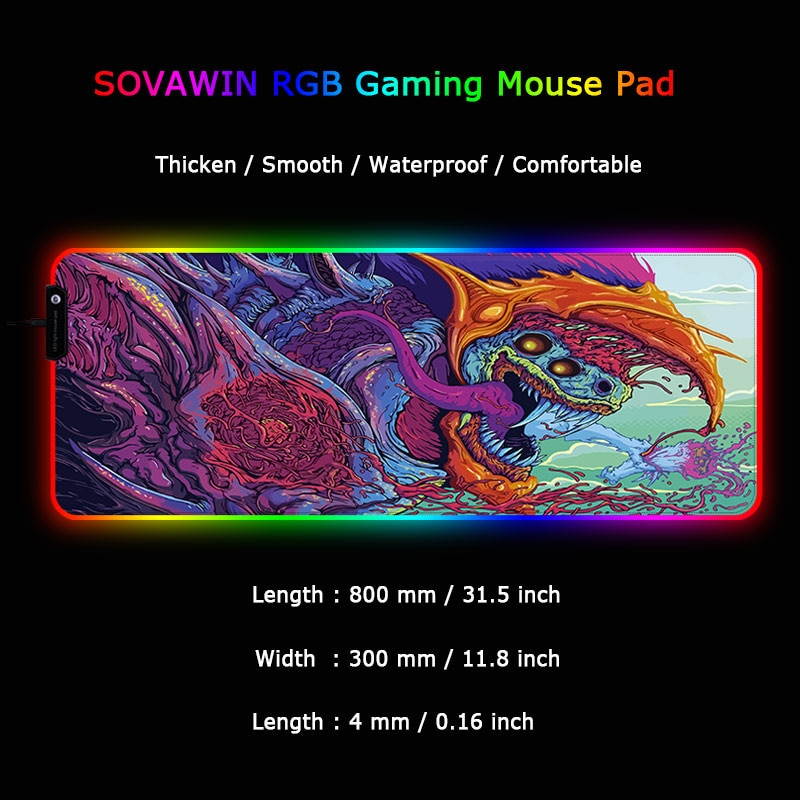 RGB Gaming Mouse Pad Large 900x400mm XL Red Dragon Pattern Computer Desk Mat Pad with LED Backlight For PC Laptop