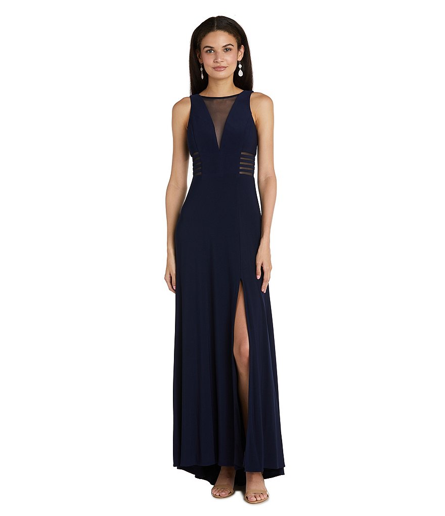 Morgan & Co. Power Mesh Deep V Plunging Neck Long Dress