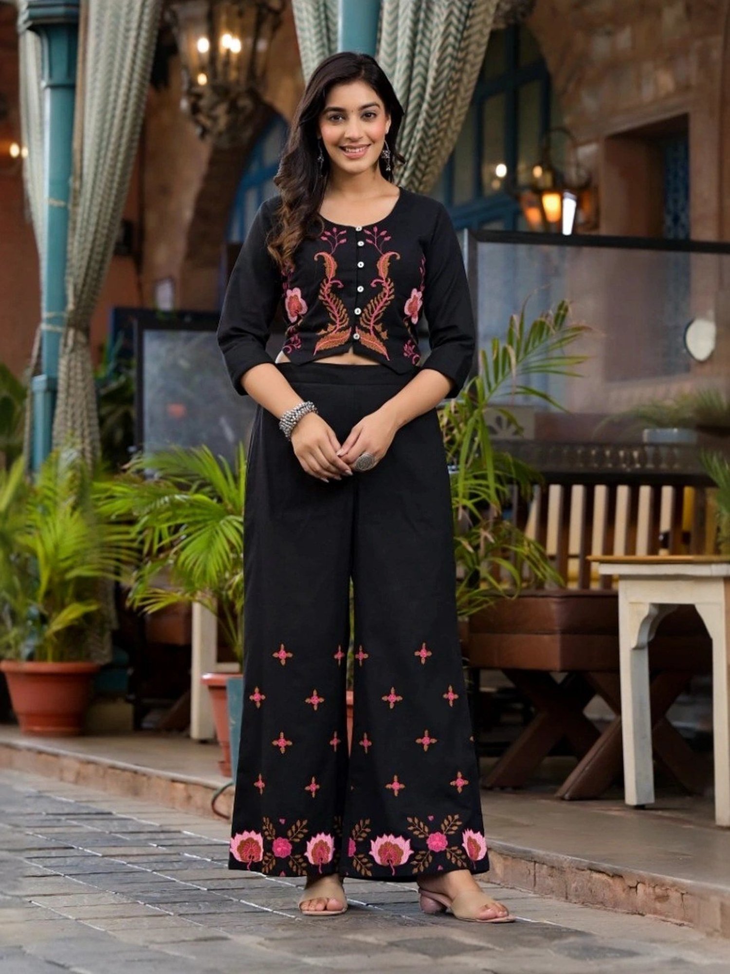 Juniper Black Cotton Embroidered Top Palazzo